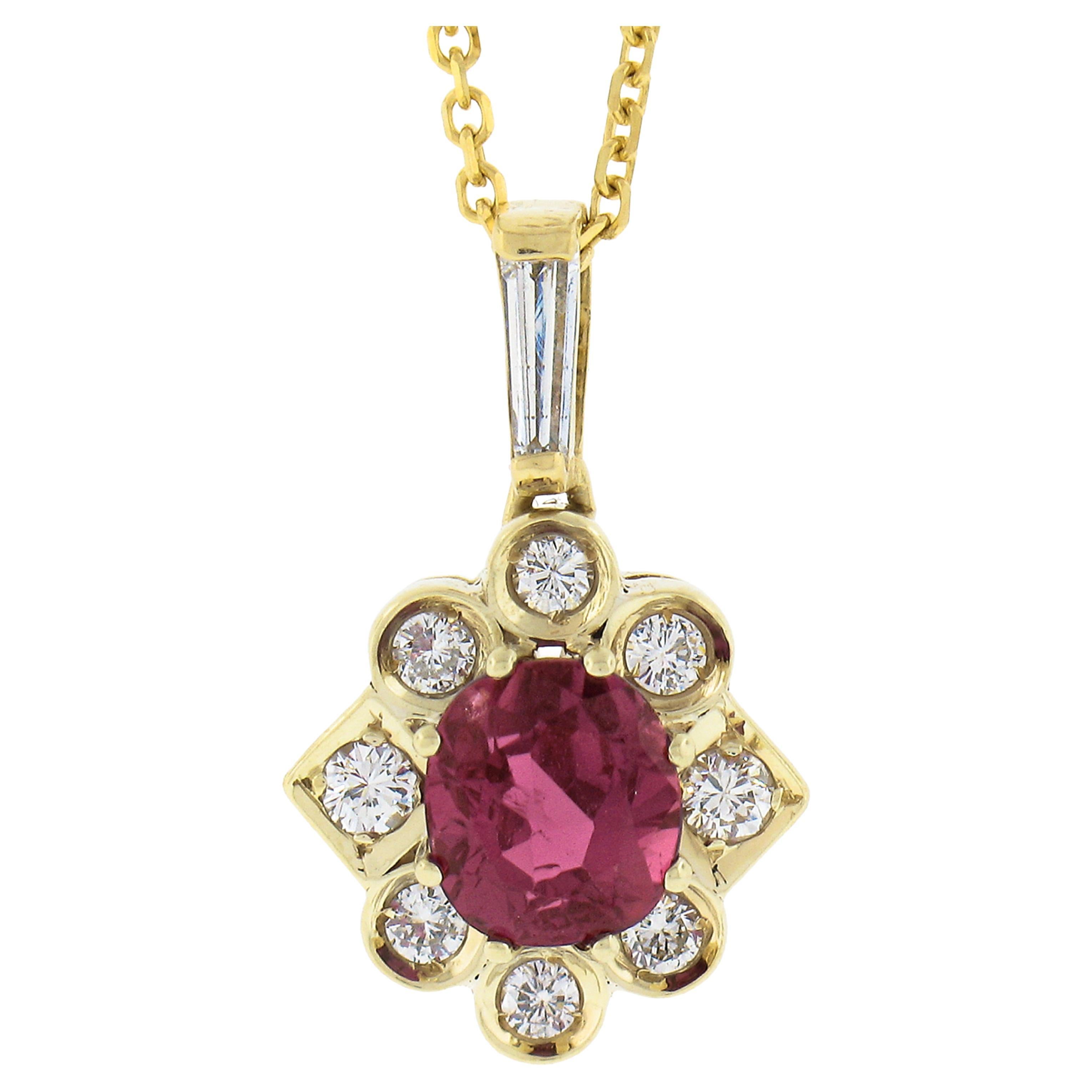 18k Gold Oval Spinel/Ruby & Diamond Halo Petite Floral Pendant Adjustable Chain For Sale