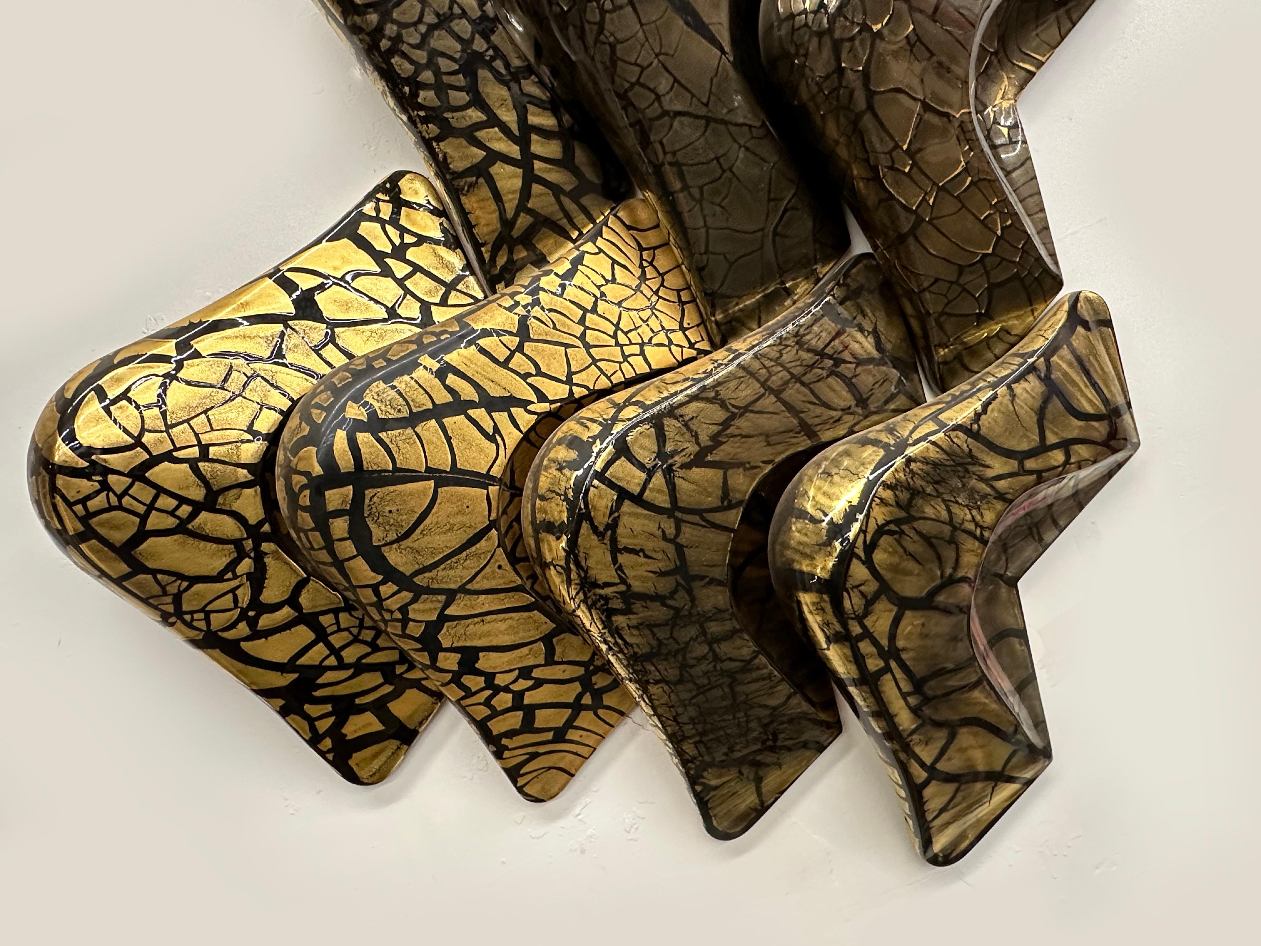 Glazed 18K Gold Overlay Larry Lubow Abstract Boomerang Wall Decoration Set For Sale