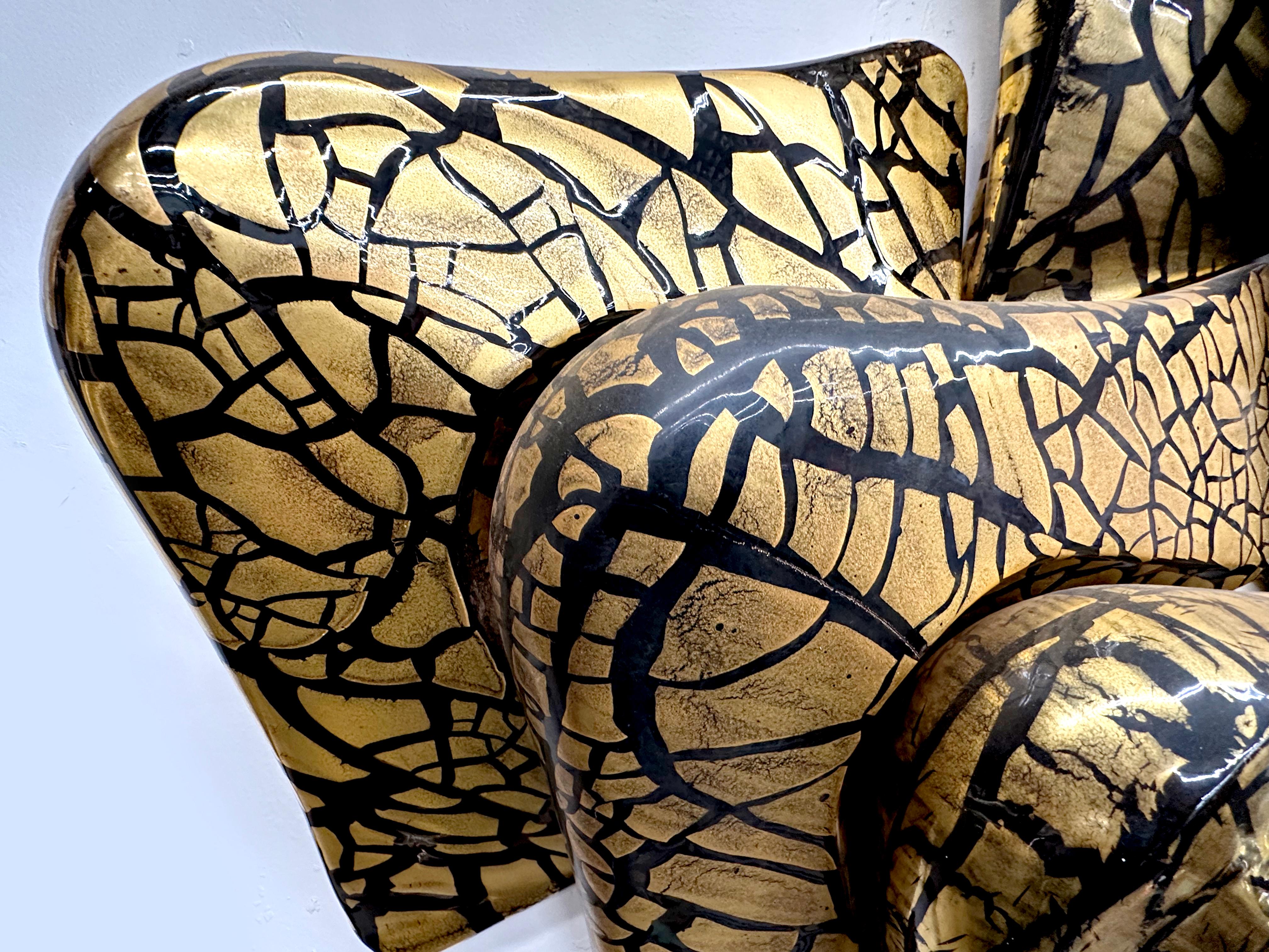 Ceramic 18K Gold Overlay Larry Lubow Abstract Boomerang Wall Decoration Set For Sale