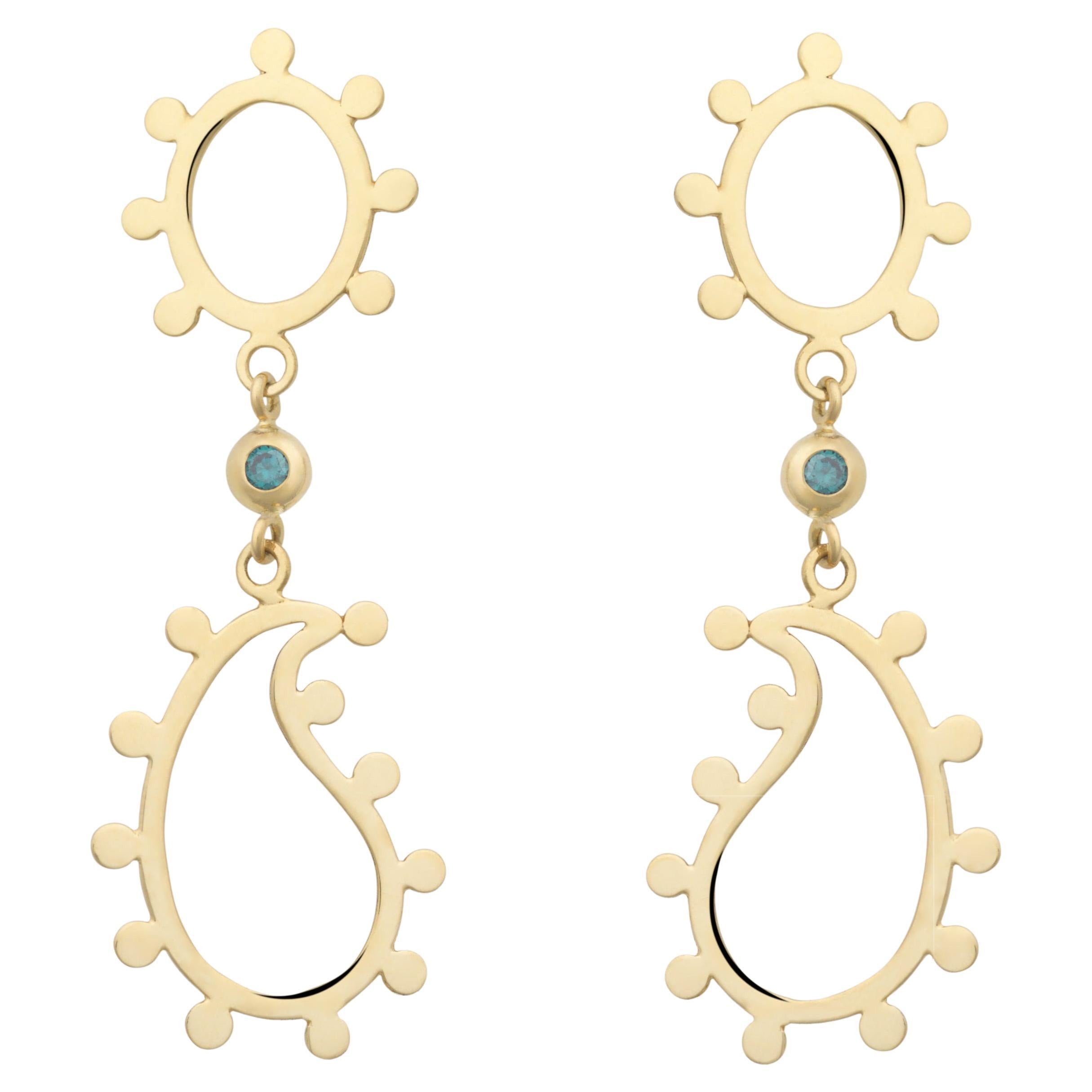 18k Gold Paisley Earrings with Blue Diamonds For Sale