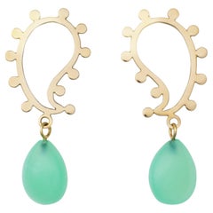 18k Gold Paisley Earrings with Cabochon Chrysoprase Drops