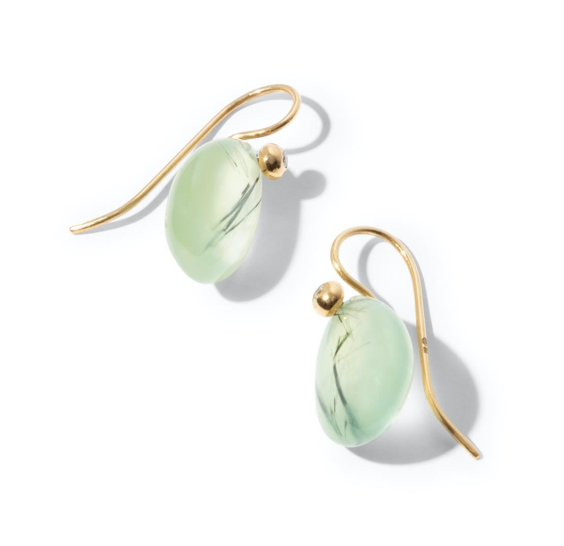 Artisan 18k Gold Pale Green Prehnite and Diamond Hook Earrings For Sale