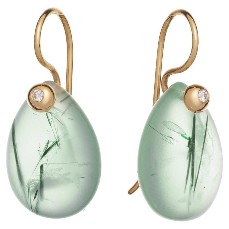 18k Gold Pale Green Prehnite and Diamond Hook Earrings