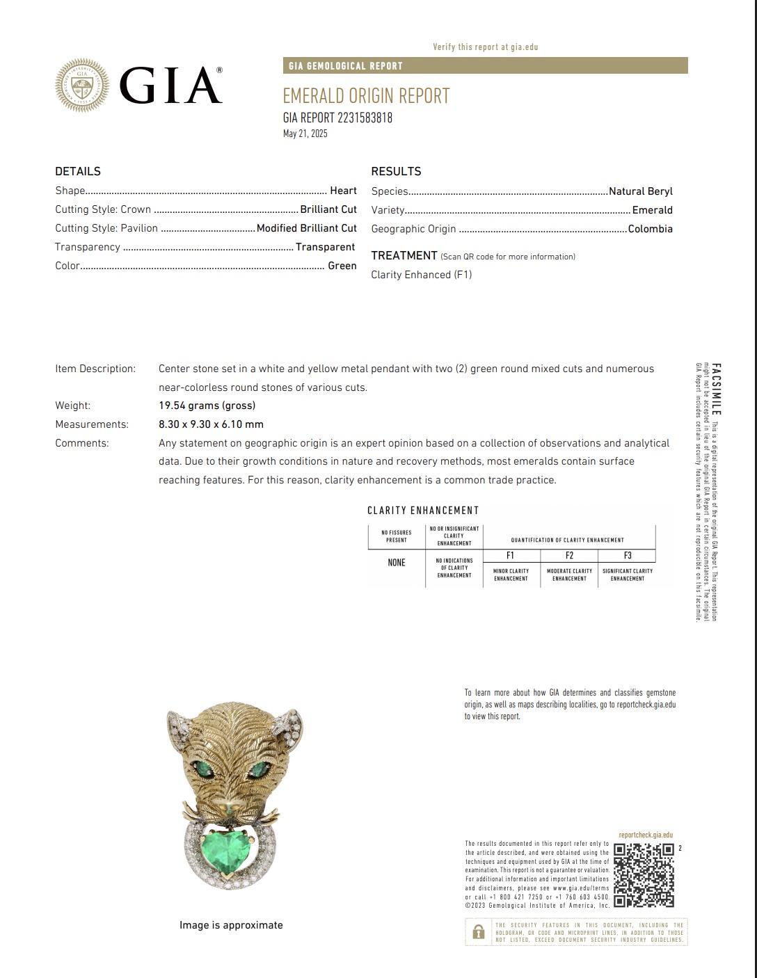 18K Gold Panther Pendant w/ GIA Colombian Heart Emerald F1 Minor Oil & Diamonds 19.54g


Exude power and elegance with this striking 18K yellow gold panther pendant, masterfully handcrafted and featuring a vivid GIA-certified Colombian heart-shaped
