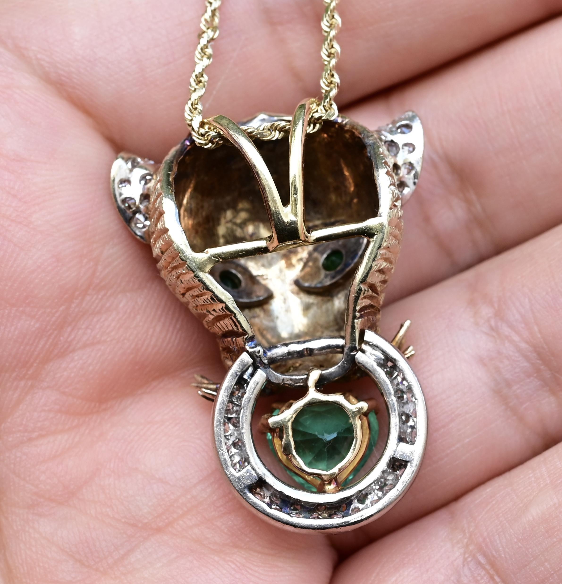 18K Gold Panther Pendant GIA Colombian Heart Emerald F1 Minor Oil For Sale 2