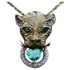 18K Gold Panther Pendant GIA Colombian Heart Emerald F1 Minor Oil