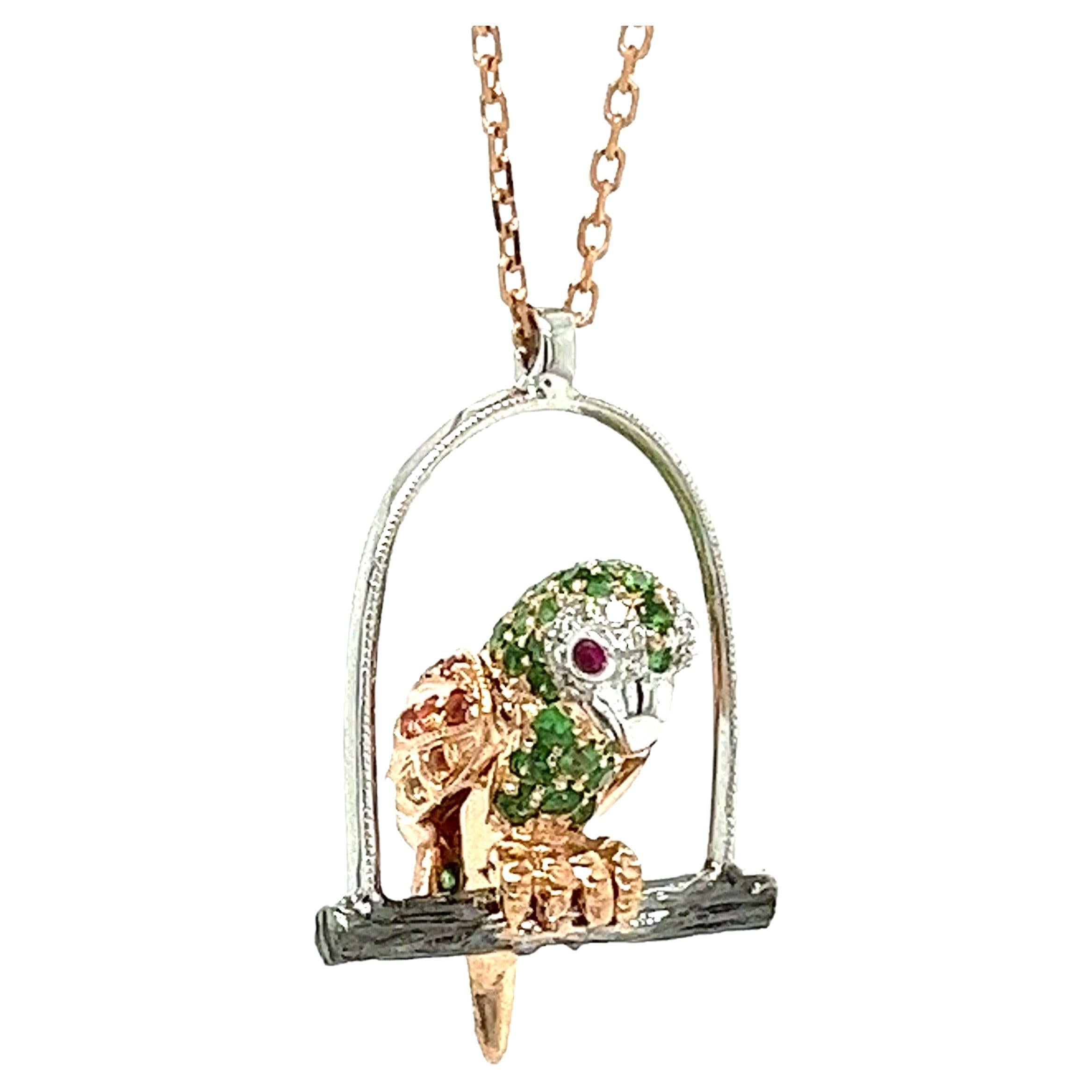 18K Gold Parrot Necklace with Diamonds & Rubies & Sapphires