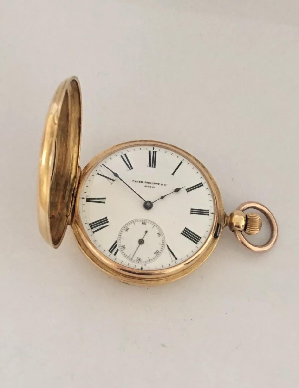 18K Gold Patek, Philippe & Co. Geneve Half Hunter Pocket Watch.


This 45mm diameter antique pocket watch is working and ticking well. The case shows signs of some wear and tear. The winder is a bit loose but it still wind. This watch weighed 71.5