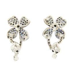18k Gold Pave 0.19 Ct Diamonds & 1.01 Ct Blue Sapphire Flower Earrings