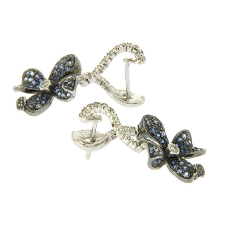 Blue Sapphire Pave & Diamonds Butterfly Sweet 18K White Gold Drop Earrings main image 0