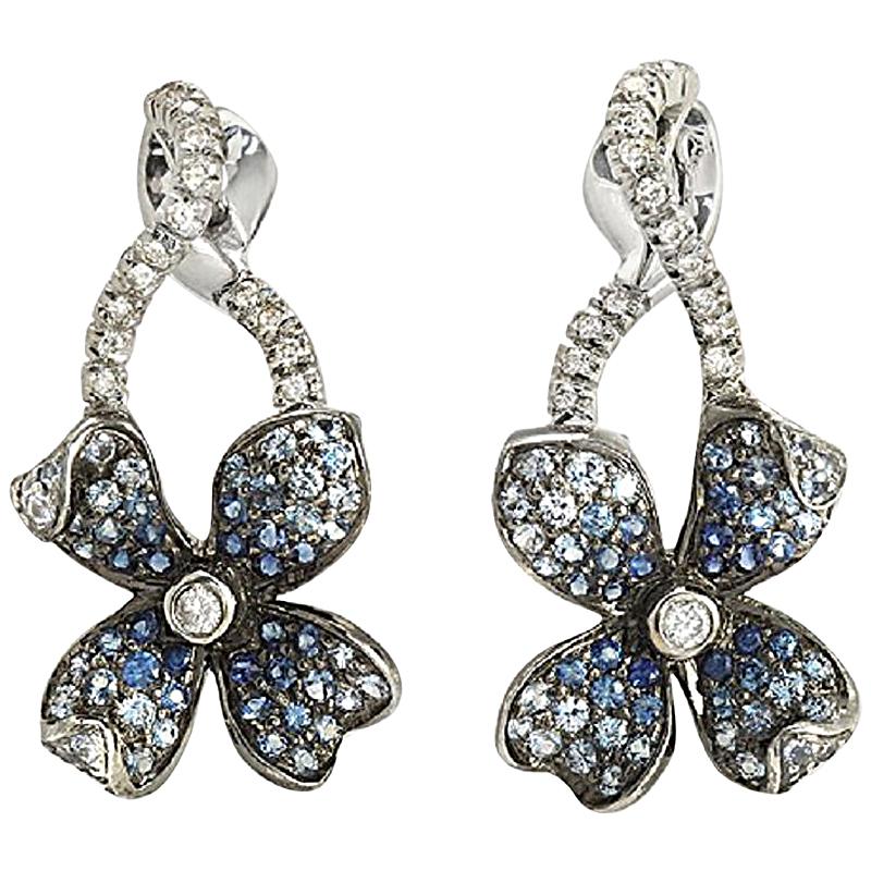 18k Gold Pave 0.19 Ct Diamonds & 1.01 Ct Blue Sapphire Flower Earrings For Sale