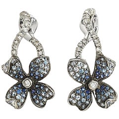 18k Gold Pave 0.19 Ct Diamonds & 1.01 Ct Blue Sapphire Flower Earrings