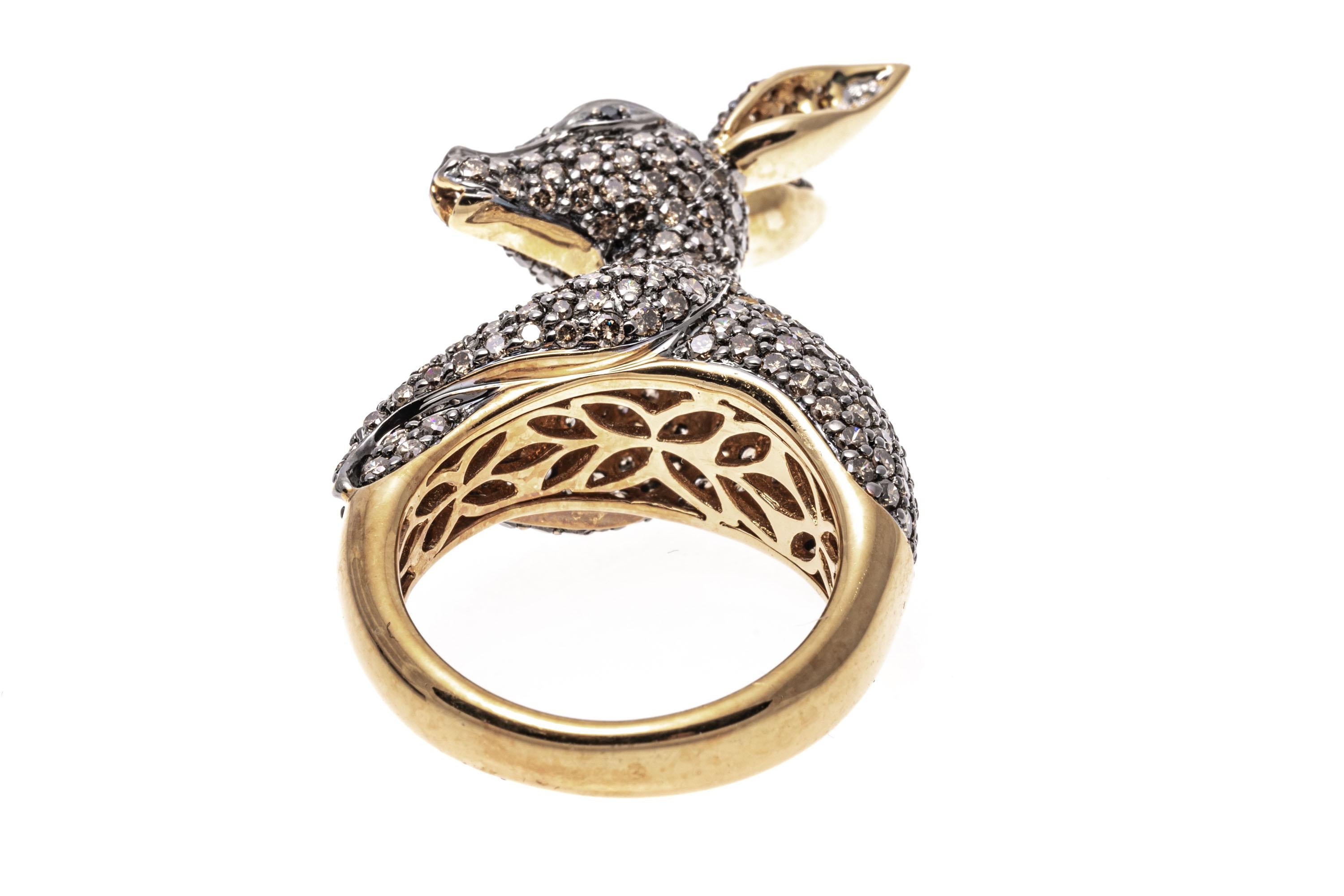 Round Cut 18k Gold Pave Cognac and White Diamond Kangaroo Ring, App. 2.20 TCW For Sale