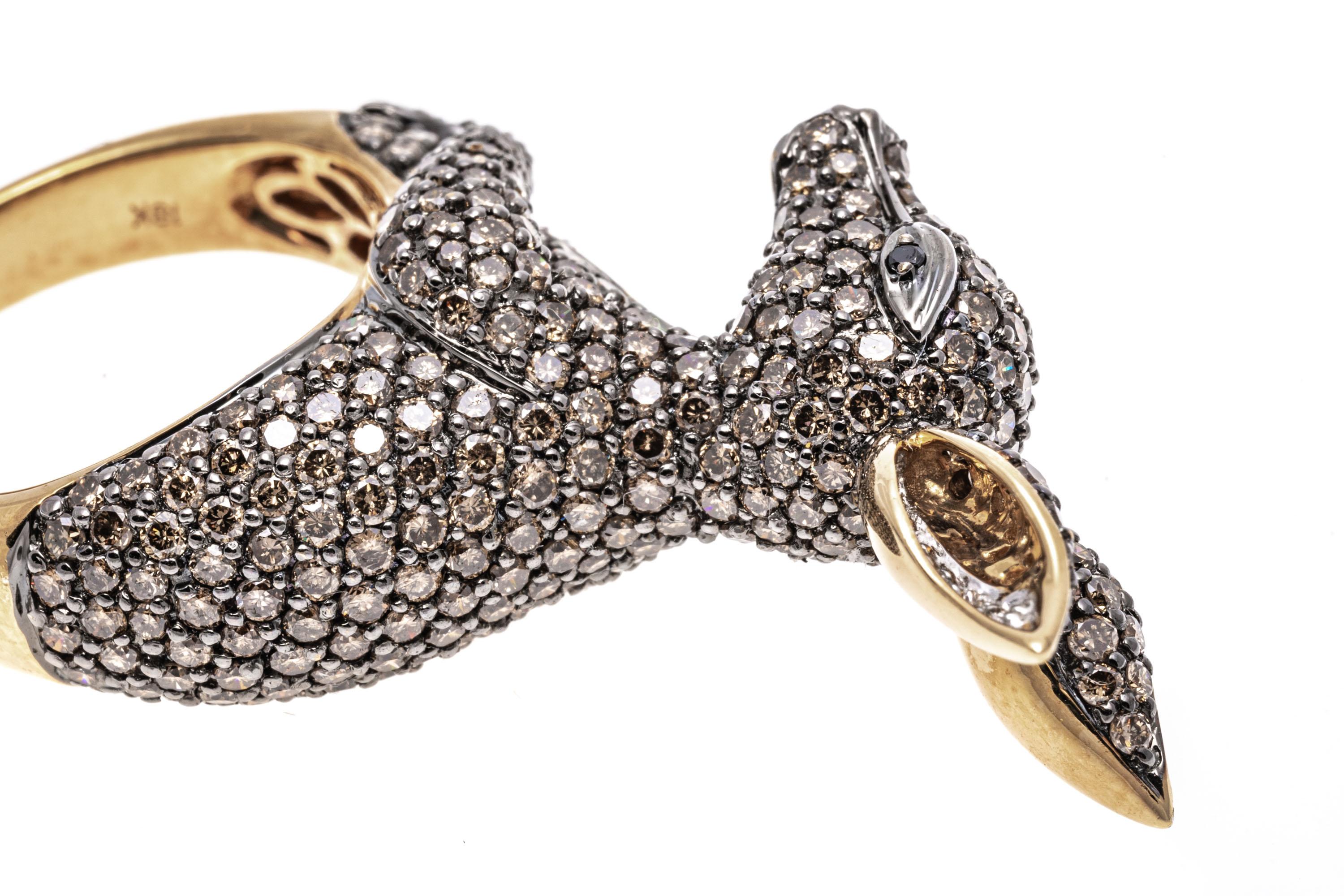 Women's 18k Gold Pave Cognac and White Diamond Kangaroo Ring, App. 2.20 TCW For Sale