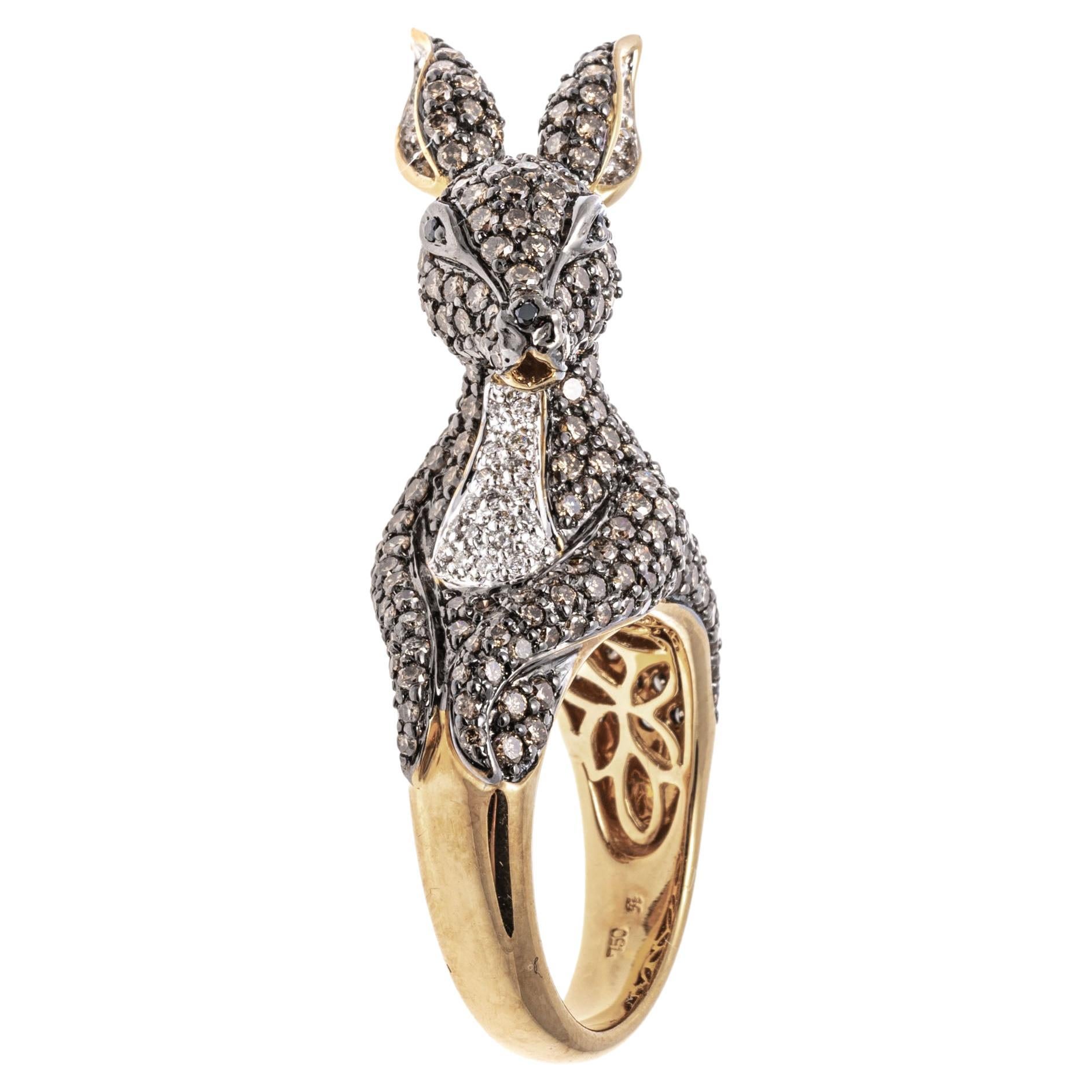 18k Gold Pave Cognac and White Diamond Kangaroo Ring, App. 2.20 TCW For Sale