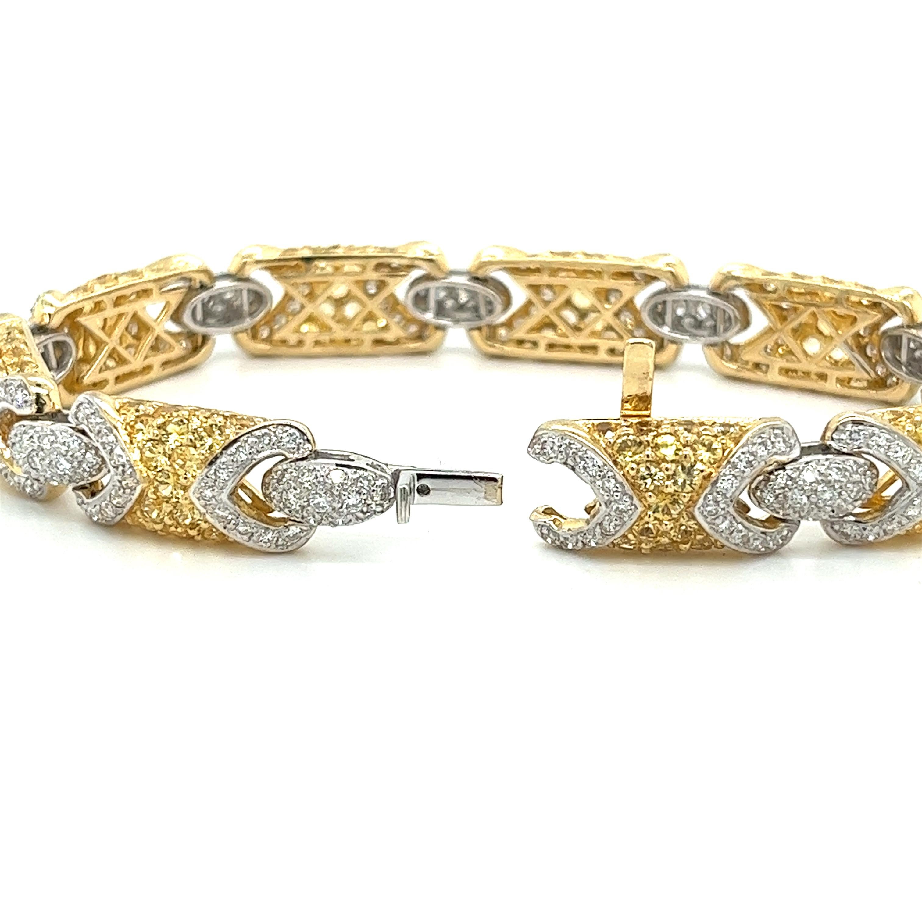 Art Deco 18k Gold Pave Set 2 Tone Round Cut Natural Diamond and Yellow Sapphire Bracelet