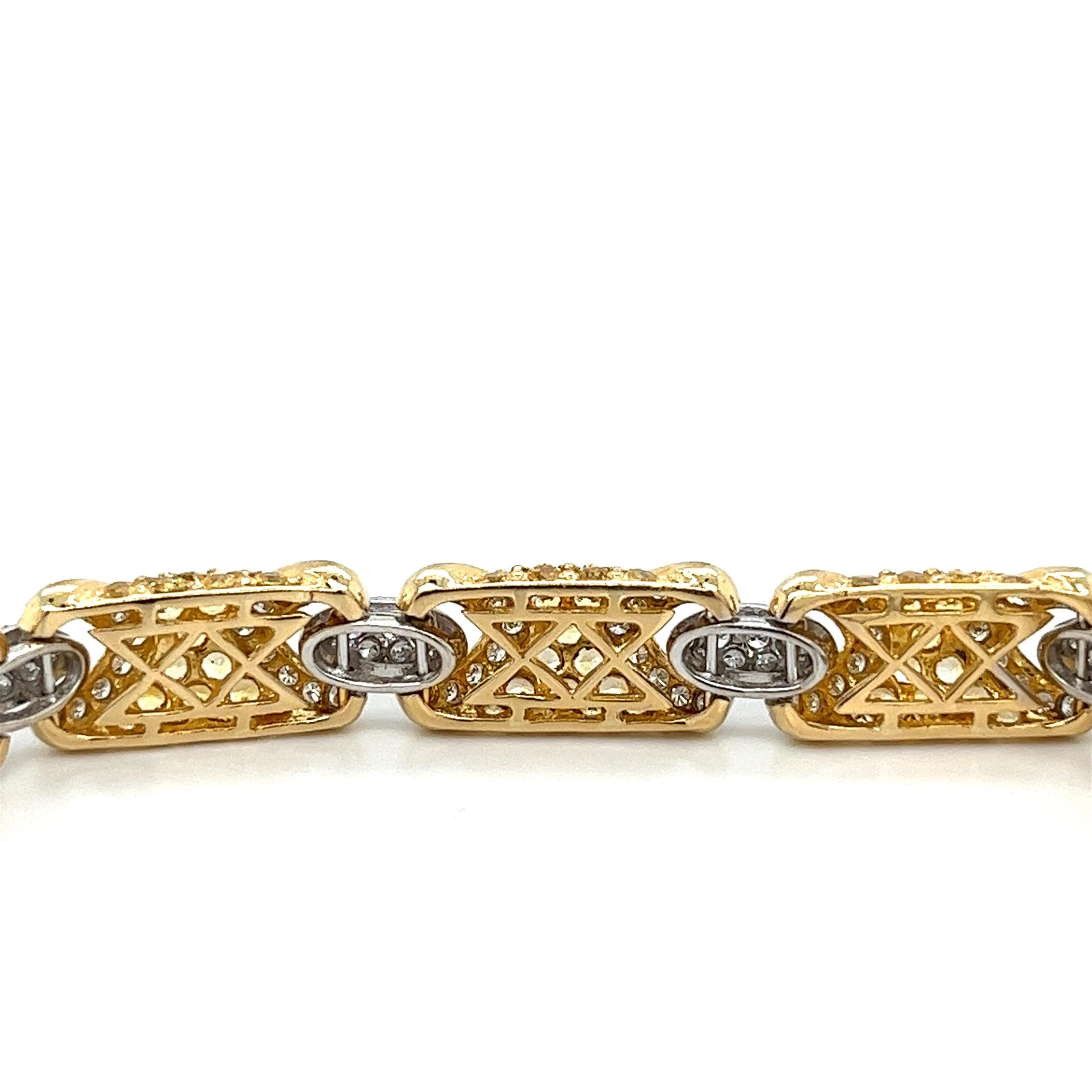 18k Gold Pave Set 2 Tone Round Cut Natural Diamond and Yellow Sapphire Bracelet In New Condition In Miami, FL