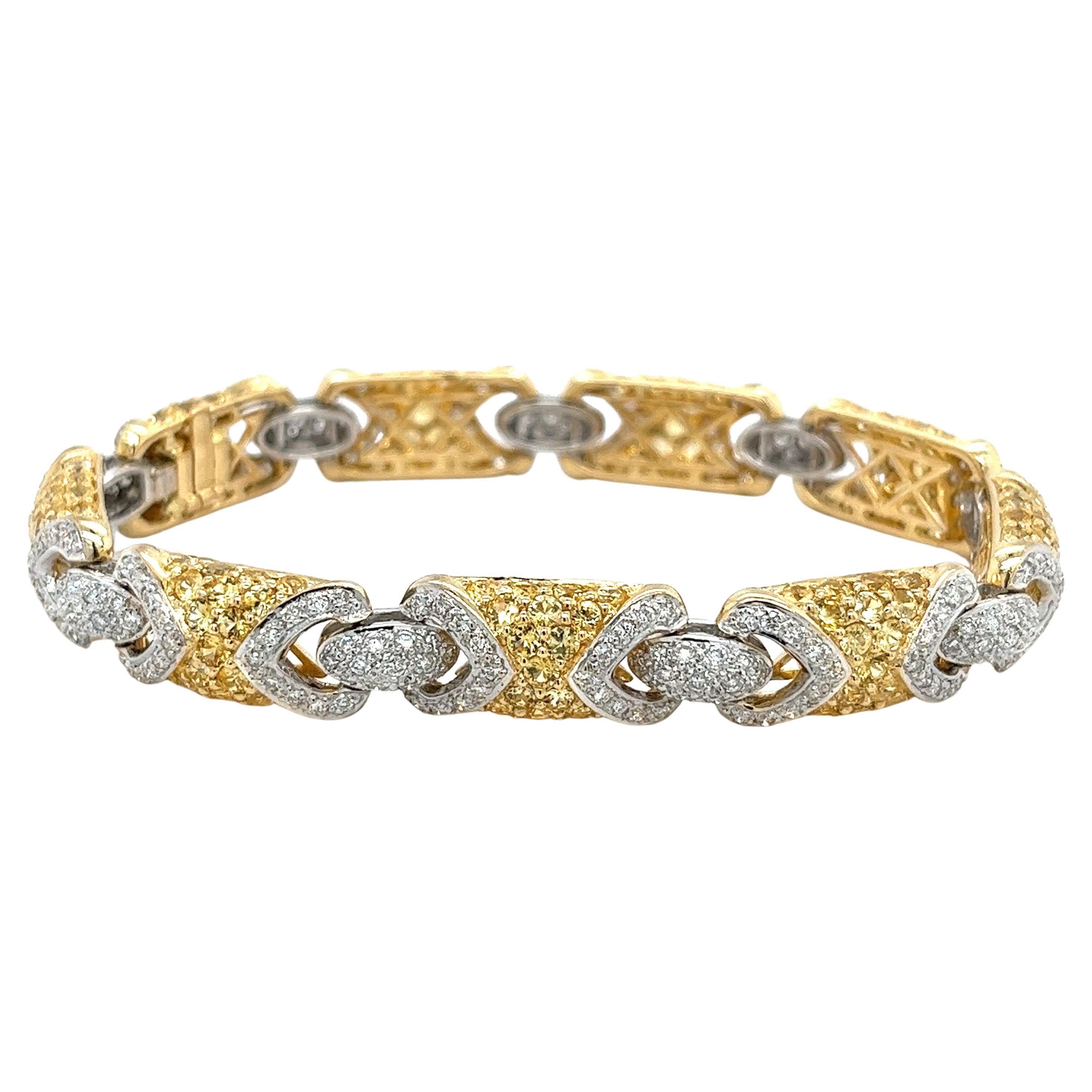 18k Gold Pave Set 2 Tone Round Cut Natural Diamond and Yellow Sapphire  Bracelet For Sale at 1stDibs