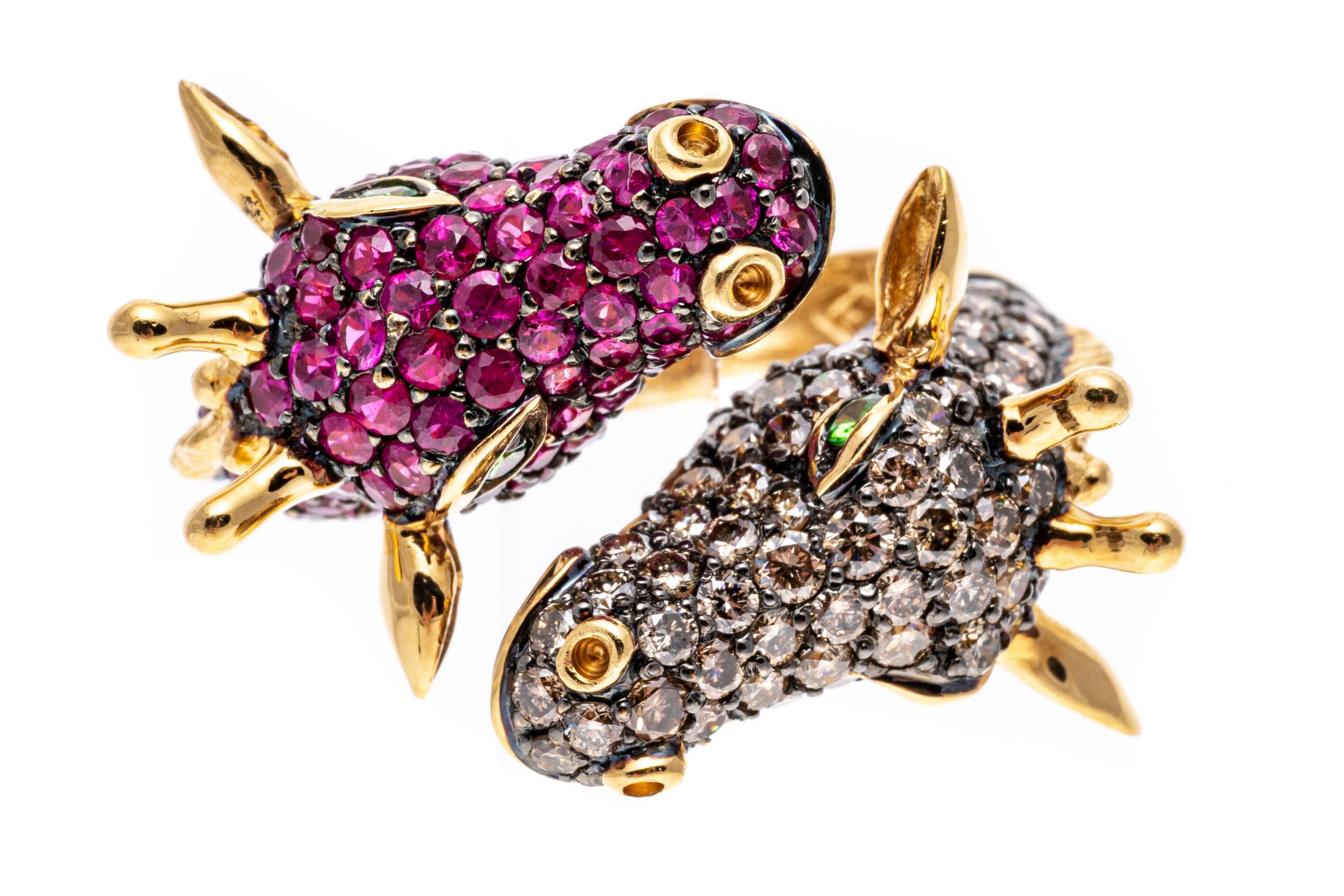 18k Gold Pave Set Cognac Diamond and Pink Sapphire Bypass Giraffes Ring For Sale 2