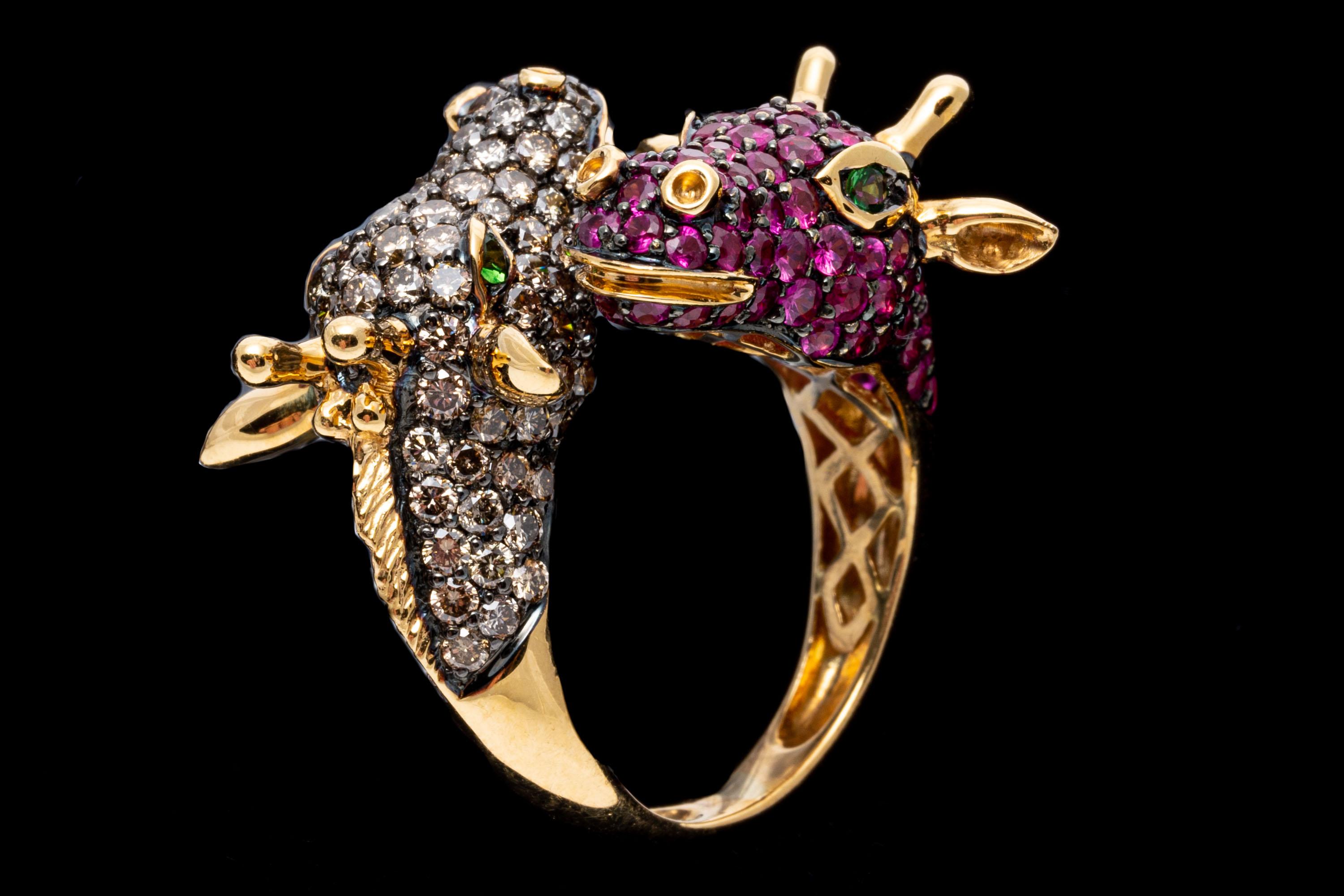 18k Gold Pave Set Cognac Diamond and Pink Sapphire Bypass Giraffes Ring For Sale 3