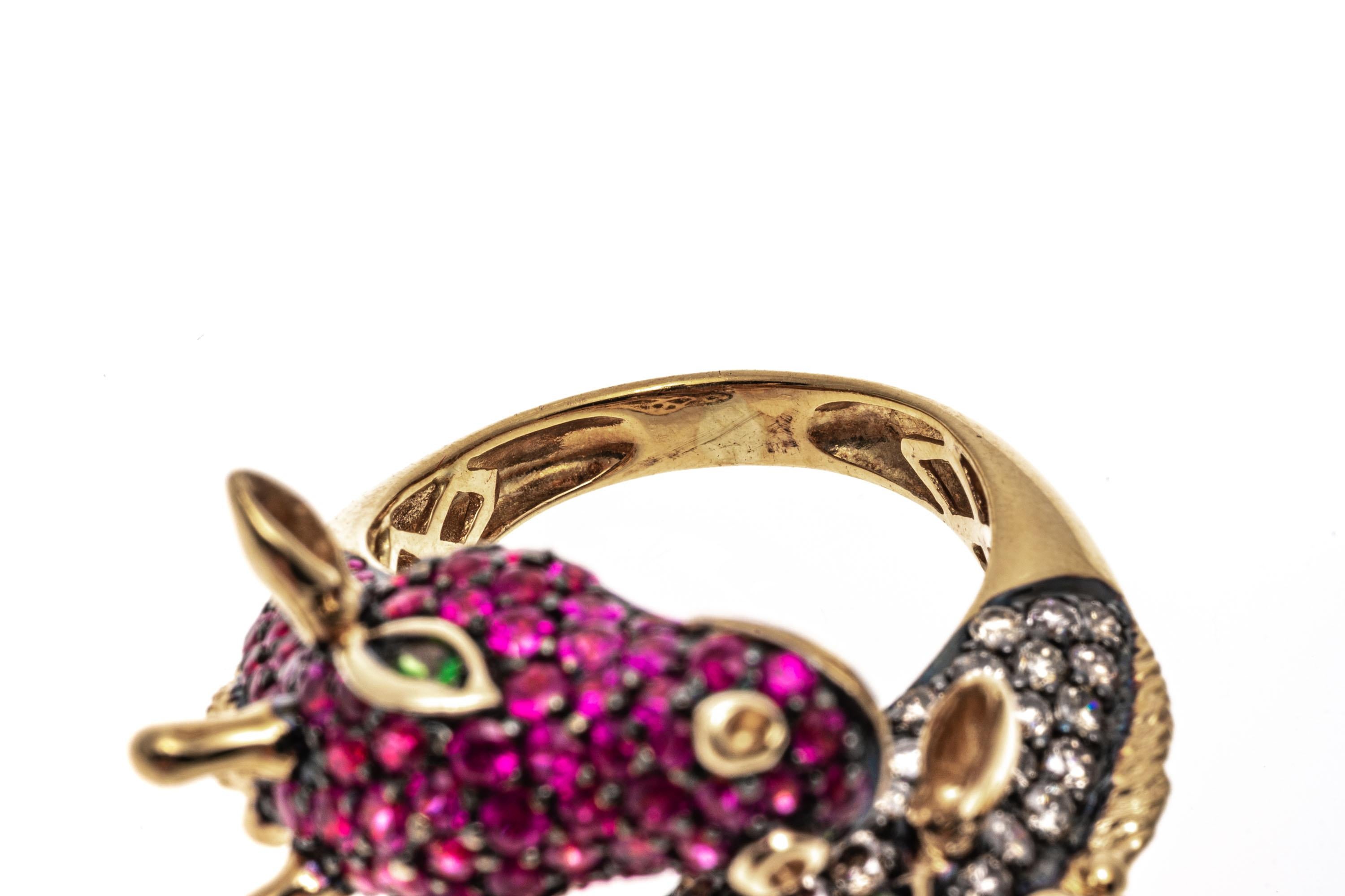 18k Gold Pave Set Cognac Diamond and Pink Sapphire Bypass Giraffes Ring For Sale 4