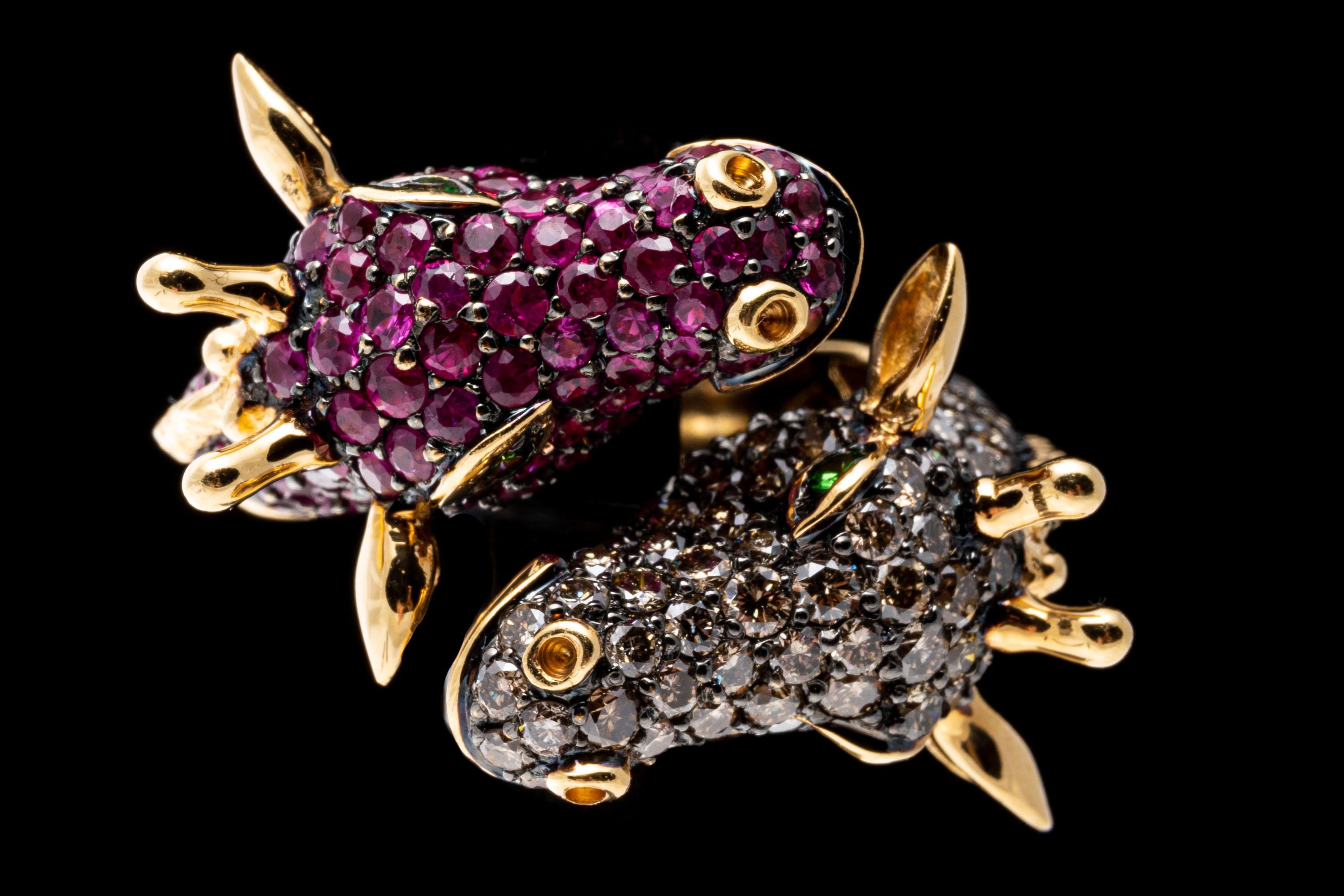 18k Gold Pave Set Cognac Diamond and Pink Sapphire Bypass Giraffes Ring For Sale 5