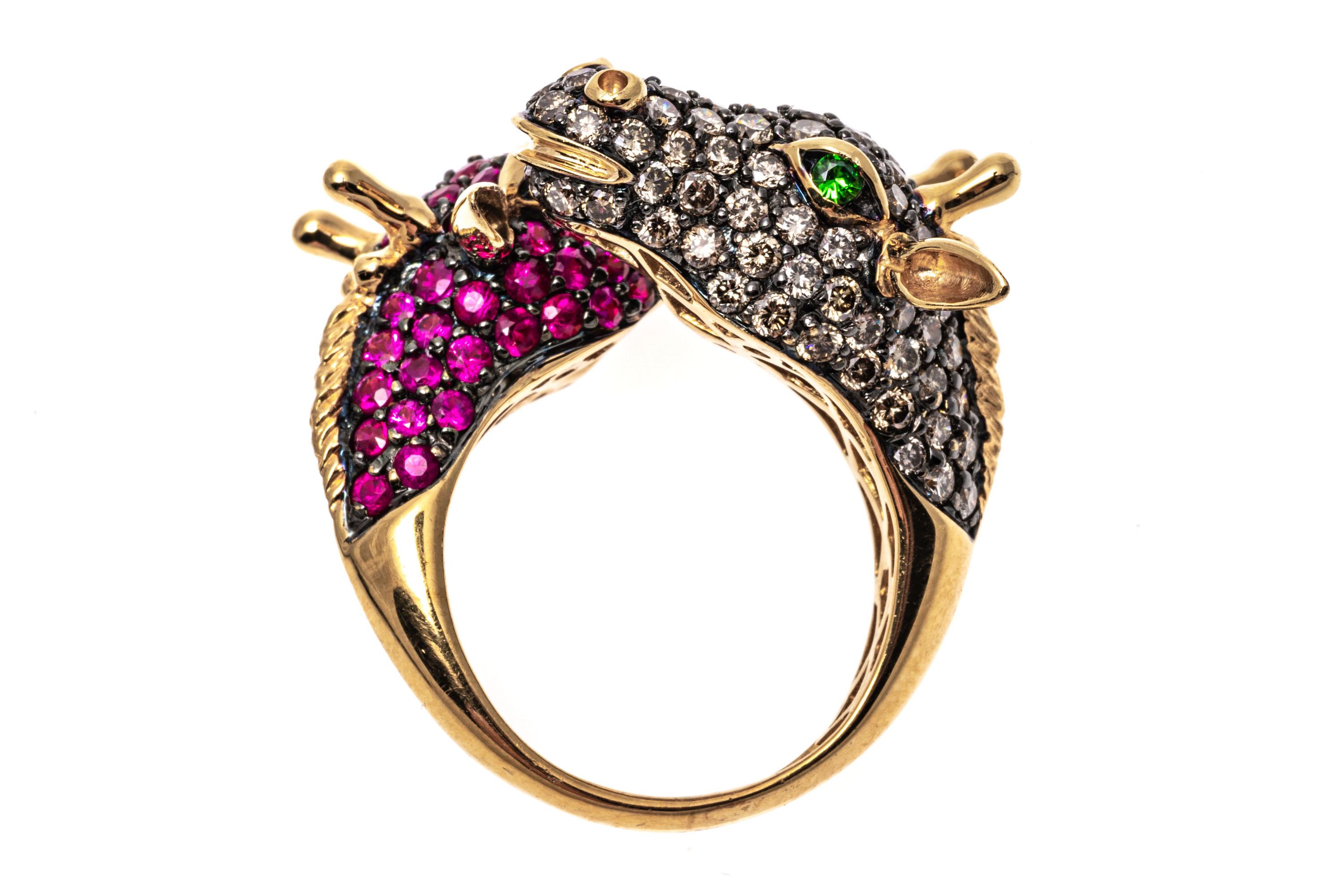 18k Gold Pave Set Cognac Diamond and Pink Sapphire Bypass Giraffes Ring For Sale 6