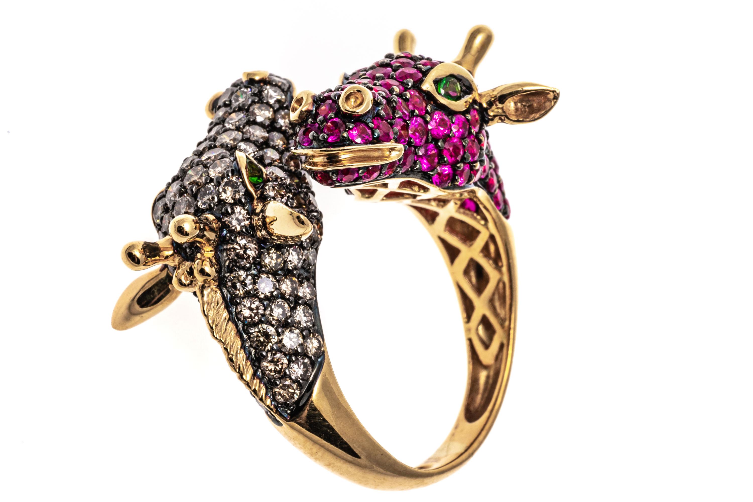 18k Gold Pave Set Cognac Diamond and Pink Sapphire Bypass Giraffes Ring For Sale 7