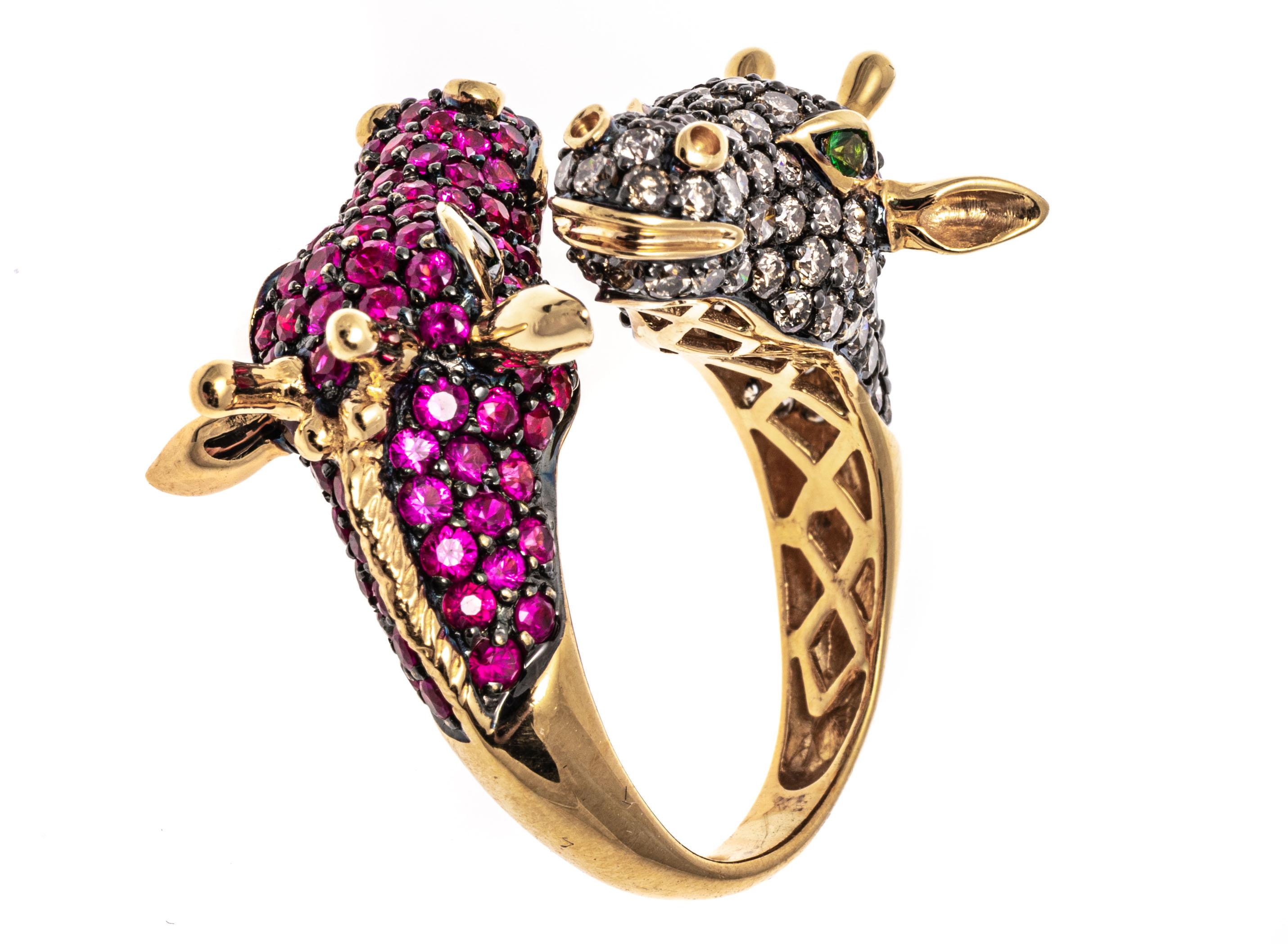 Contemporary 18k Gold Pave Set Cognac Diamond and Pink Sapphire Bypass Giraffes Ring For Sale