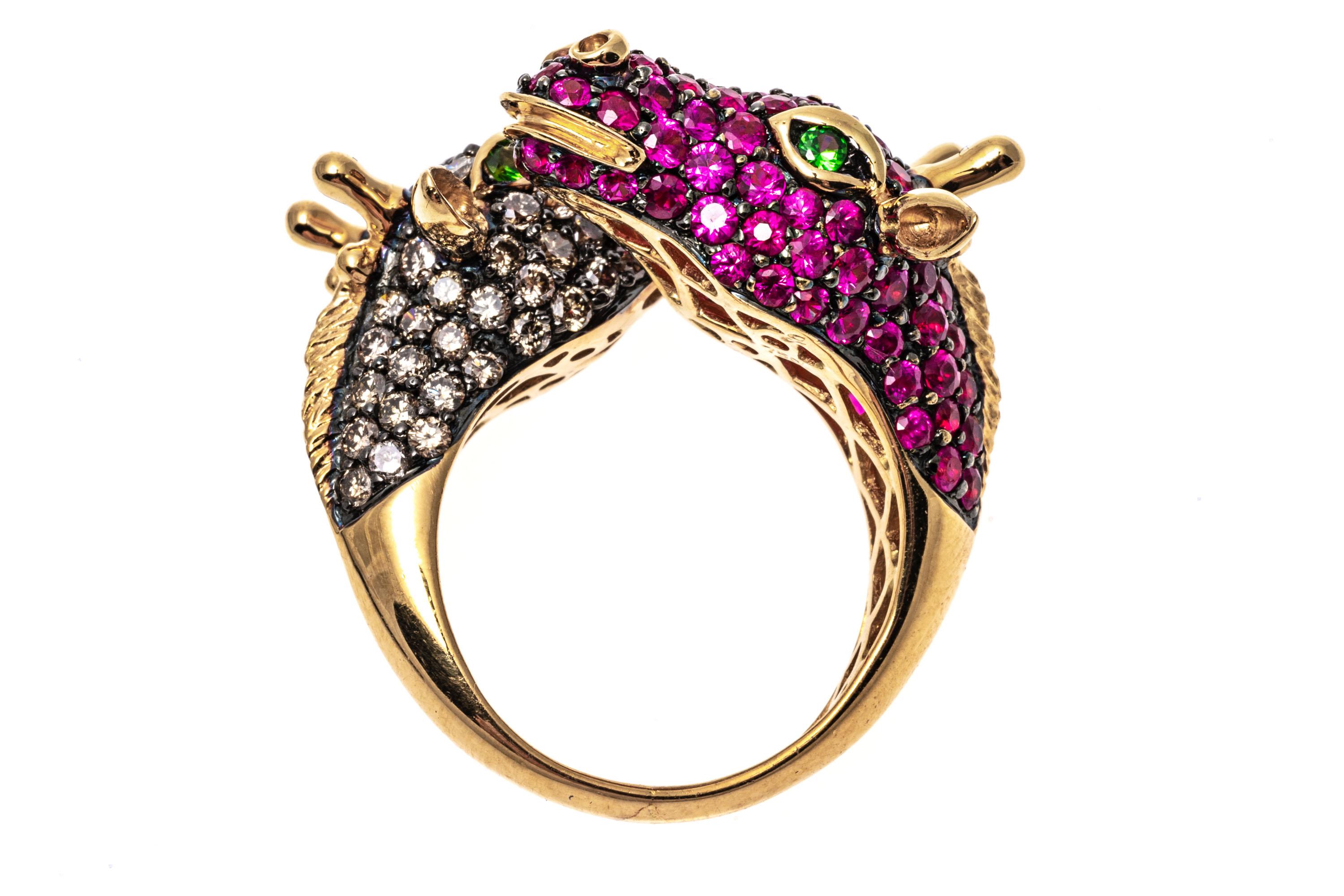 18k Gold Pave Set Cognac Diamond and Pink Sapphire Bypass Giraffes Ring In Good Condition For Sale In Southport, CT