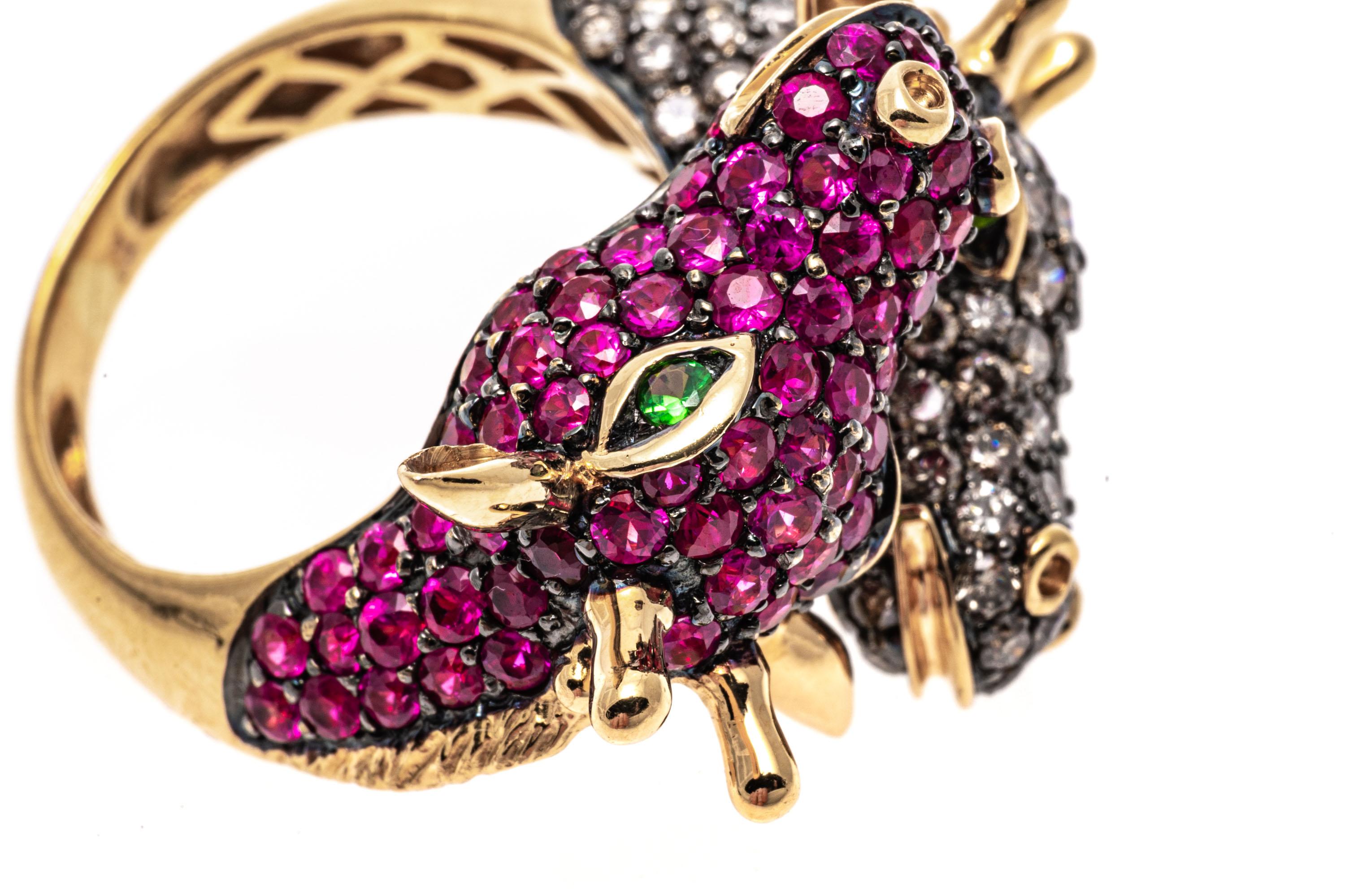 Women's 18k Gold Pave Set Cognac Diamond and Pink Sapphire Bypass Giraffes Ring For Sale