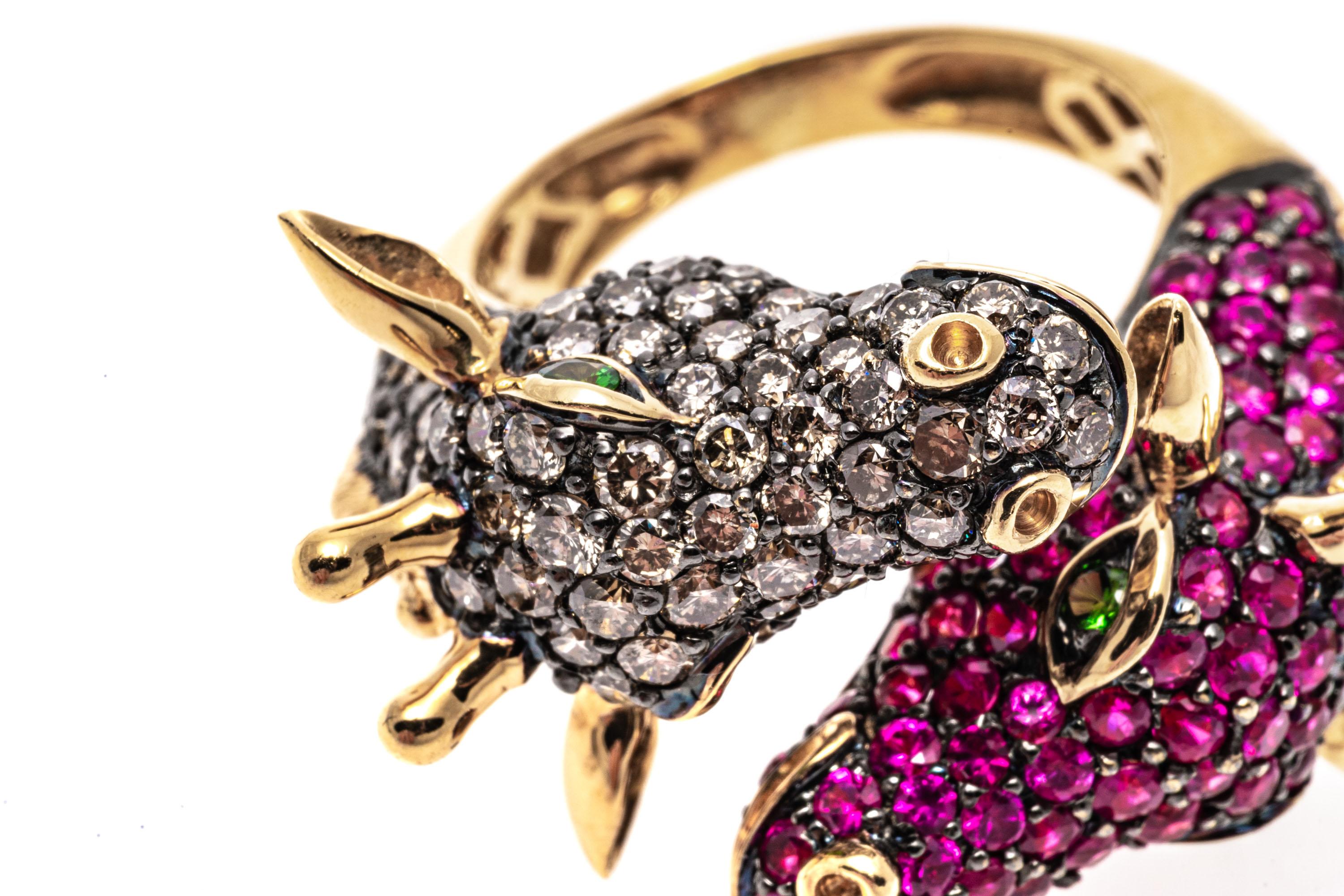 18k Gold Pave Set Cognac Diamond and Pink Sapphire Bypass Giraffes Ring For Sale 1