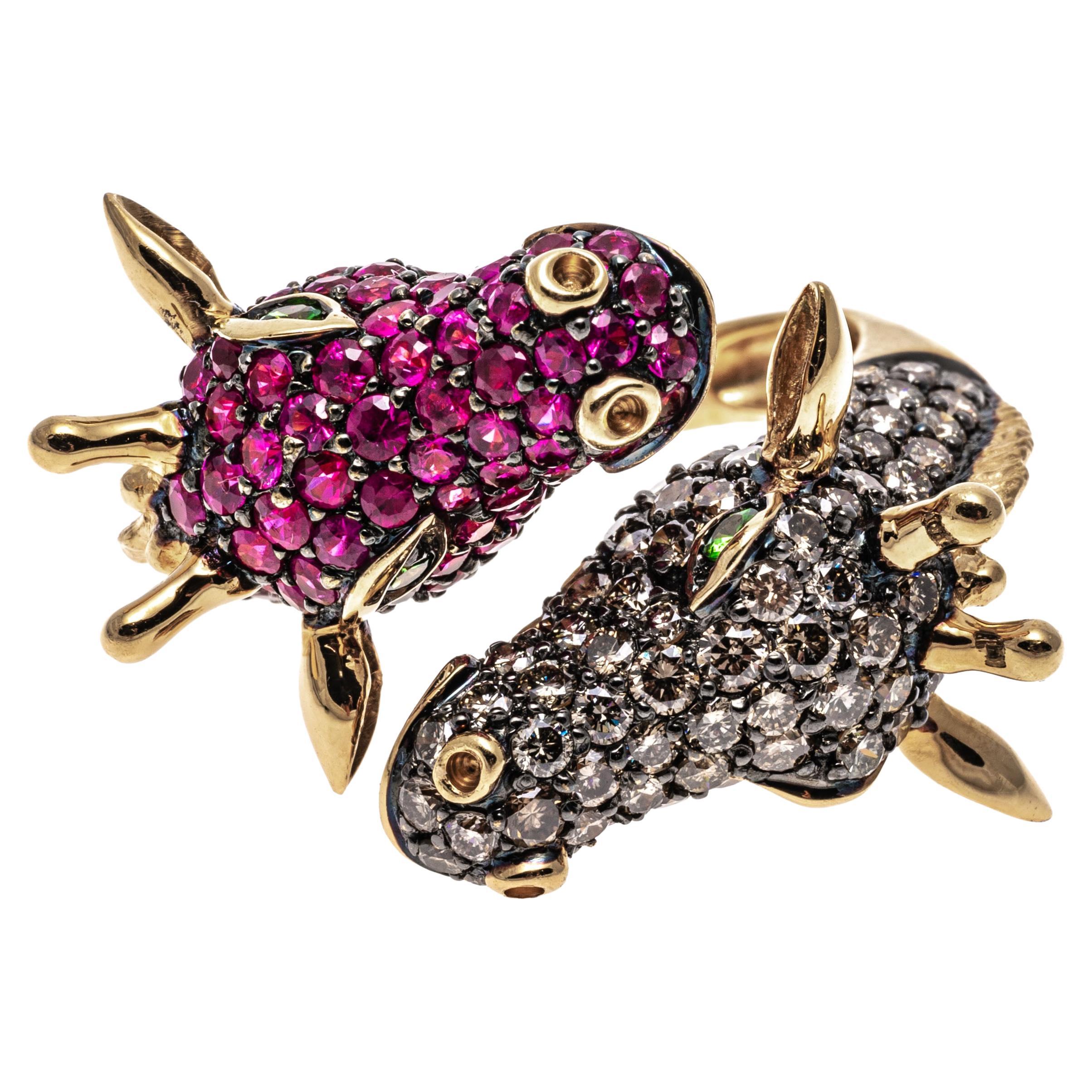 18k Gold Pave Set Cognac Diamond and Pink Sapphire Bypass Giraffes Ring For Sale