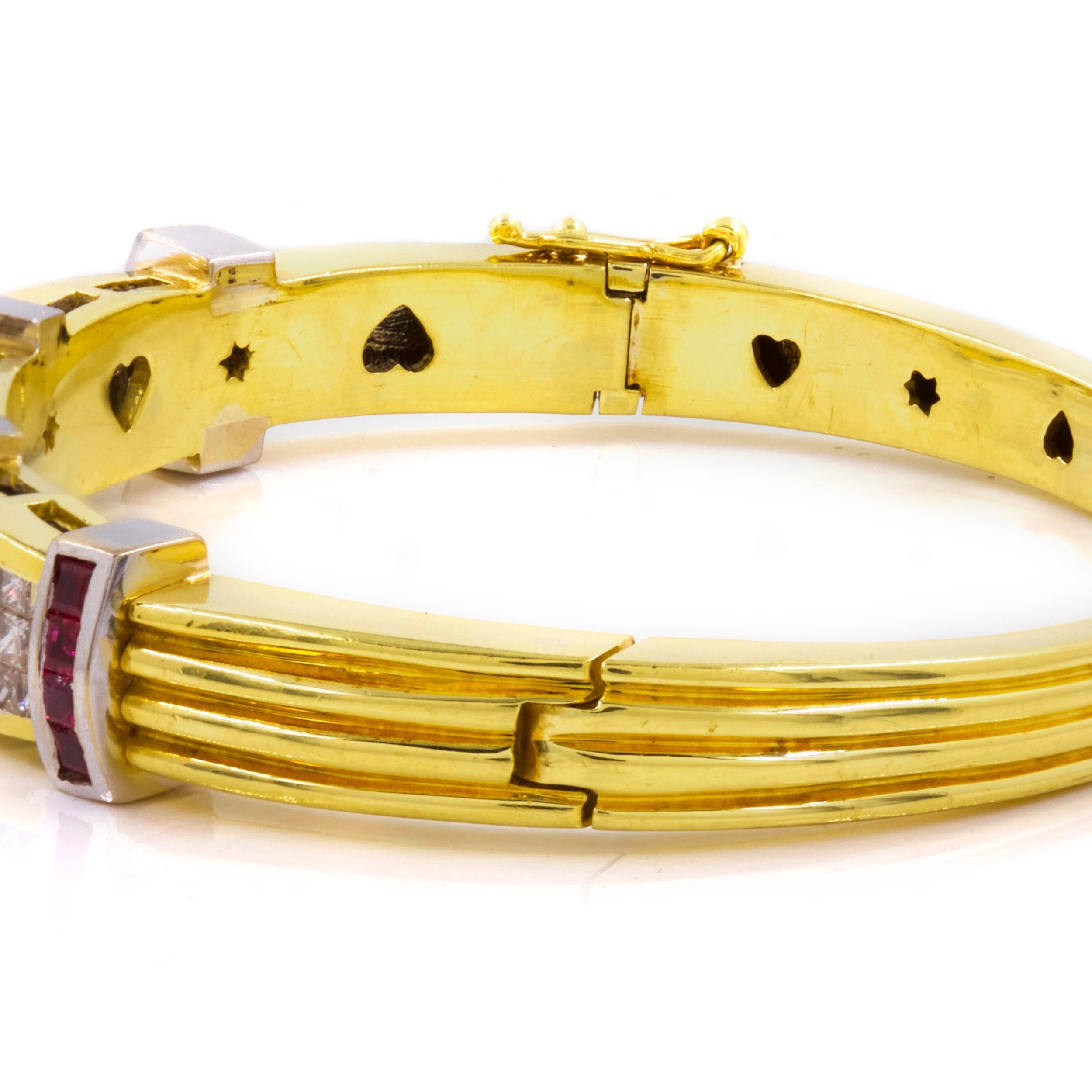 18K Gold Pave-Set Ruby and Diamond Bangle Bracelet For Sale 6