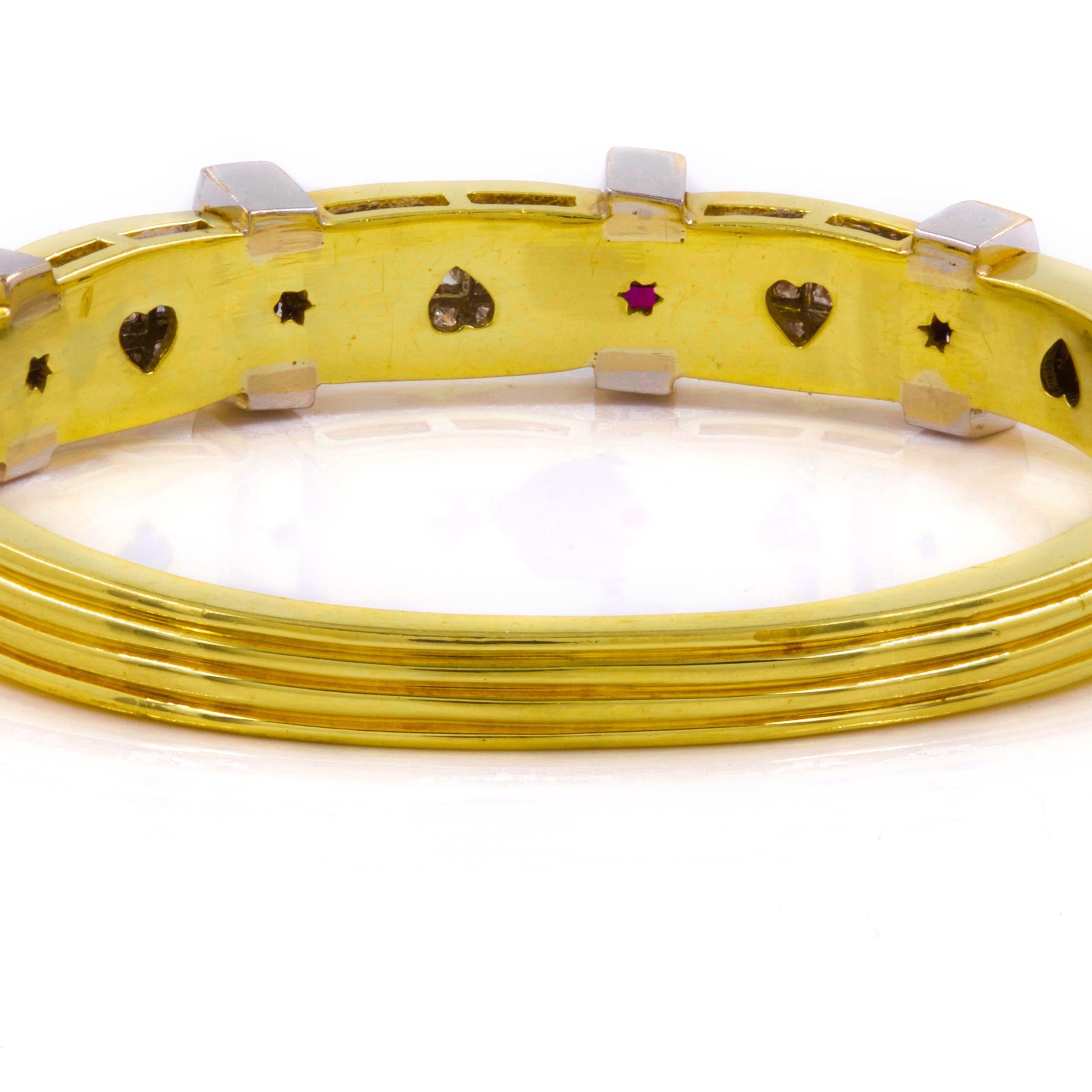 18K Gold Pave-Set Ruby and Diamond Bangle Bracelet For Sale 7
