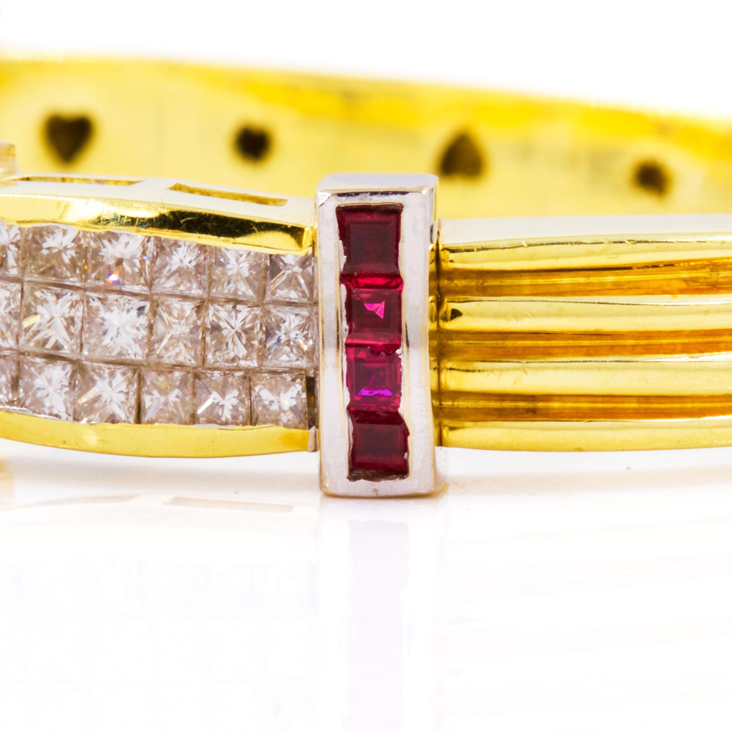 Unknown 18K Gold Pave-Set Ruby and Diamond Bangle Bracelet For Sale