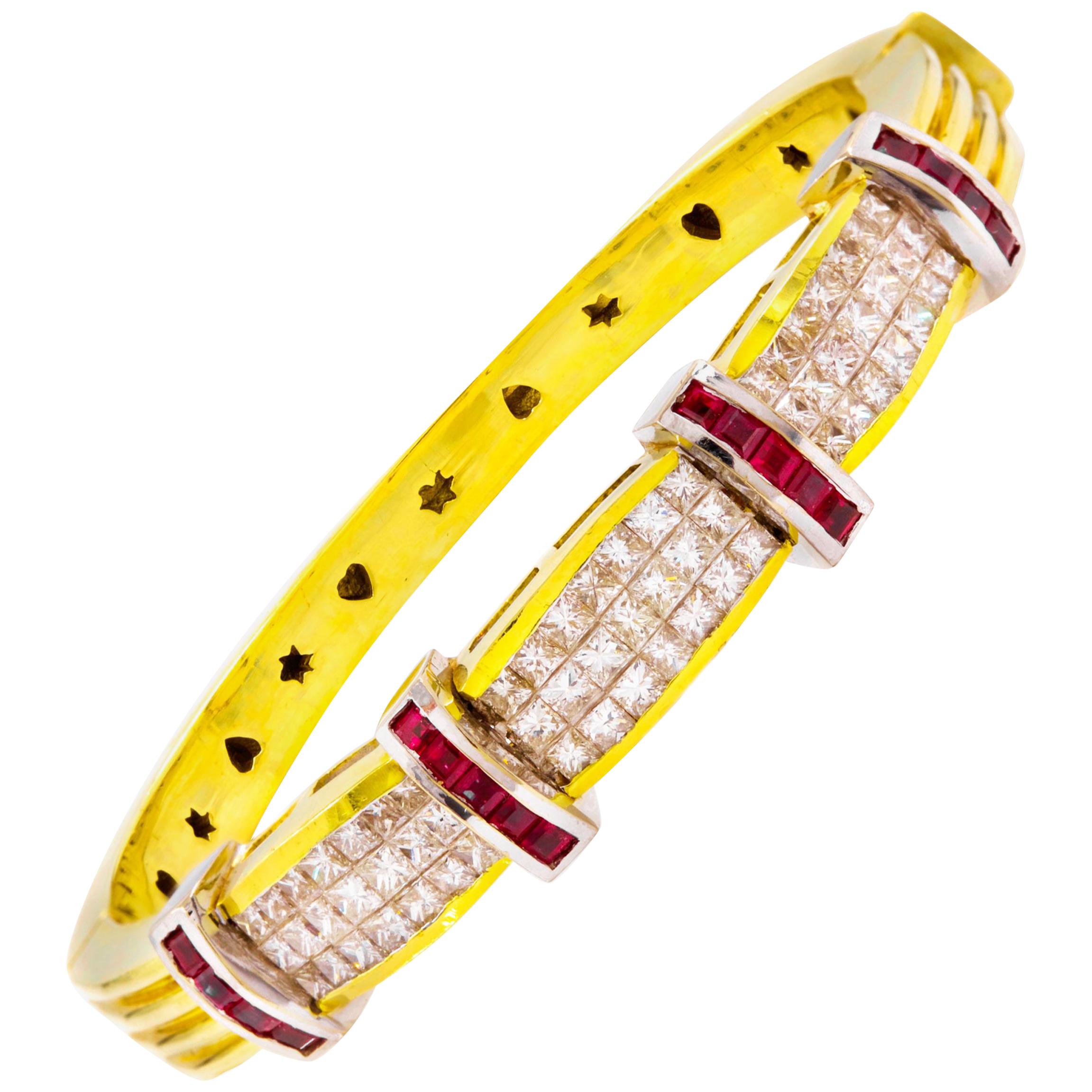 18K Gold Pave-Set Ruby and Diamond Bangle Bracelet For Sale