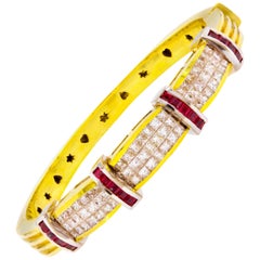 Vintage 18K Gold Pave-Set Ruby and Diamond Bangle Bracelet