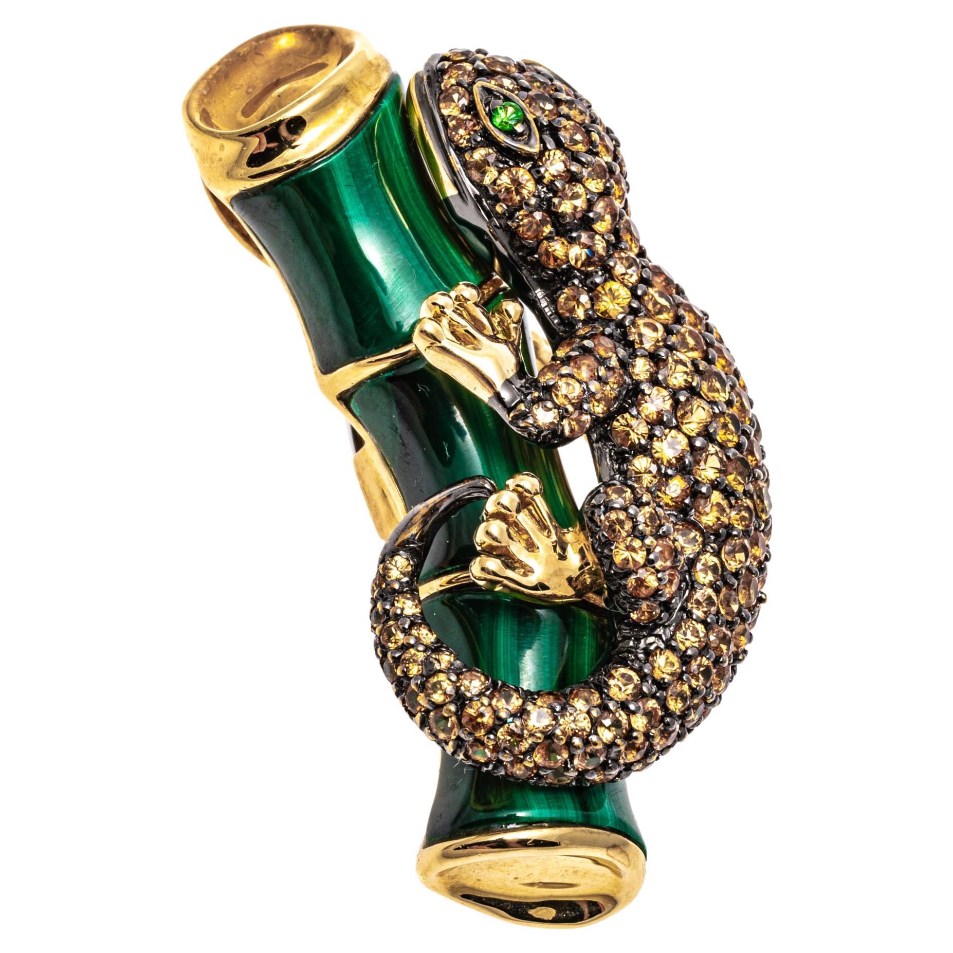 18k Gold Pave Topaz Salamander Ring/Pendant With Malachite