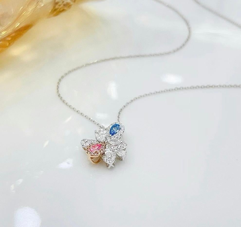 Modern 18K Gold Pear-Cut Pink Diamond & Blue Diamond Pendant Necklace with Diamonds For Sale