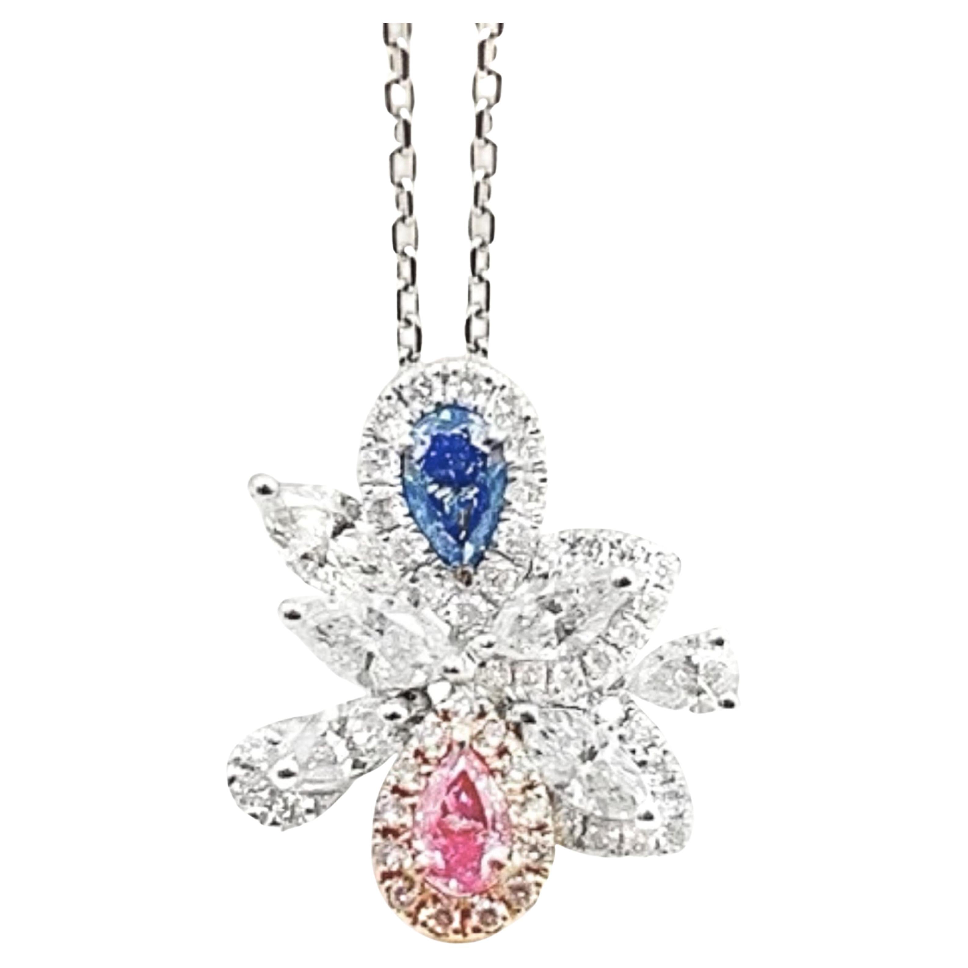 18K Gold Pear-Cut Pink Diamond & Blue Diamond Pendant Necklace with Diamonds For Sale