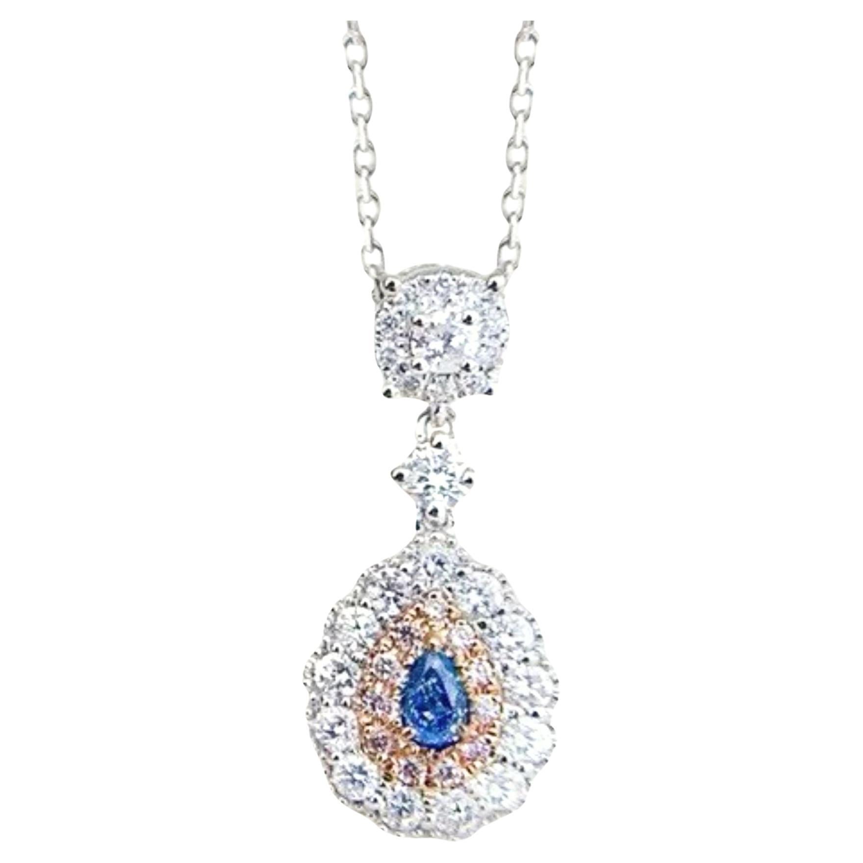 18K Gold Pear-Cut Vivid Blue Diamond & Diamond Pendant Necklace