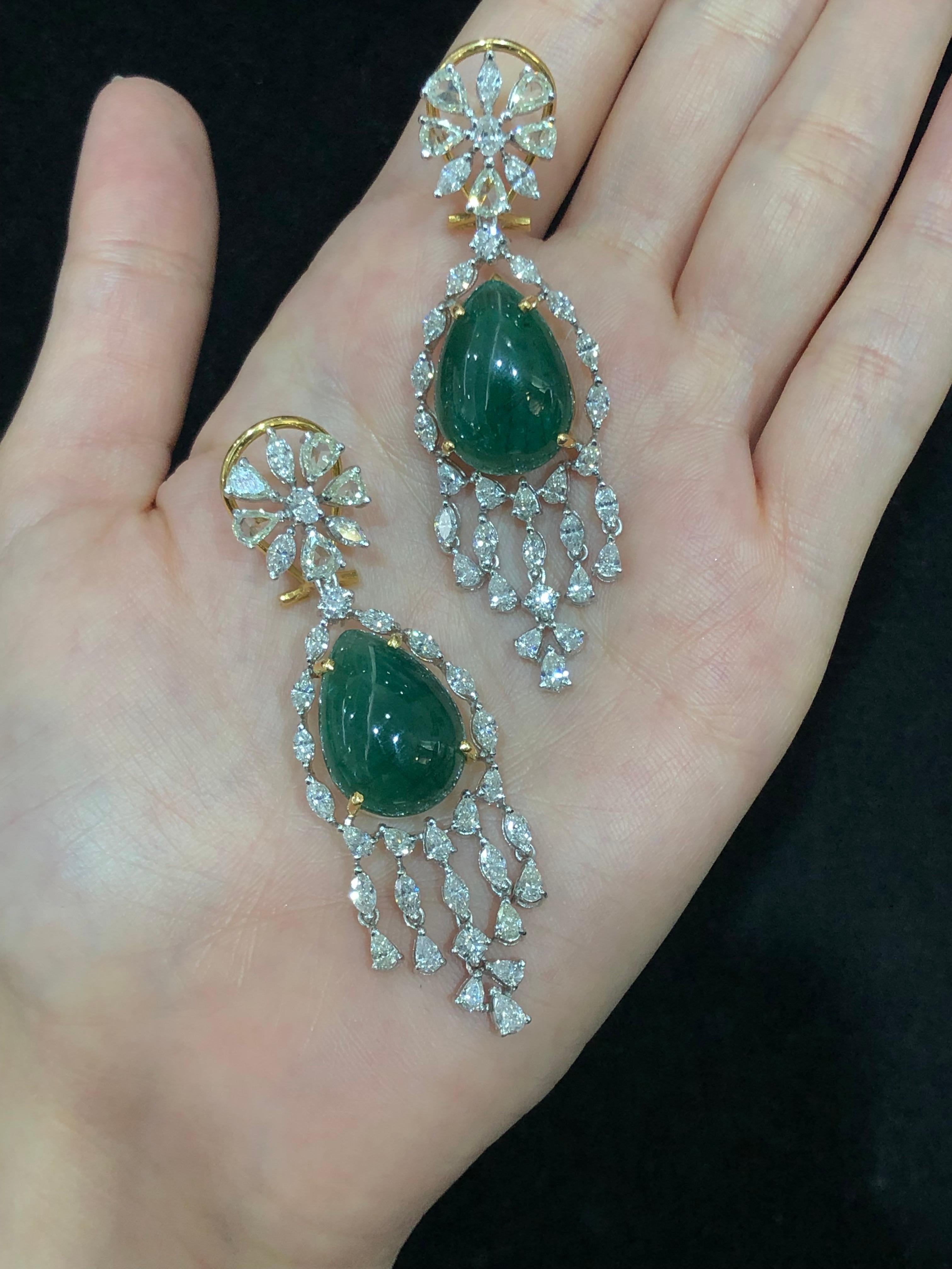 Contemporary  Cabochon Emerald Diamond Rose Cut Diamond Earrings