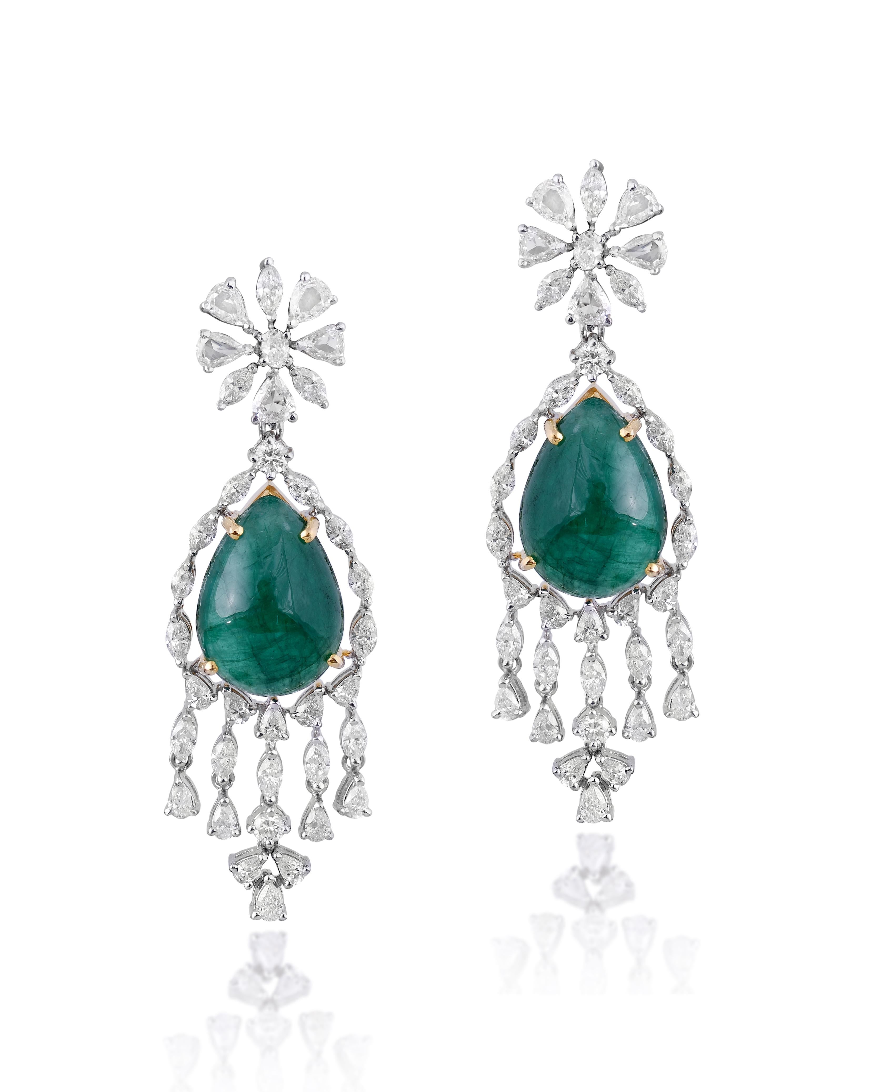 Pear Cut  Cabochon Emerald Diamond Rose Cut Diamond Earrings