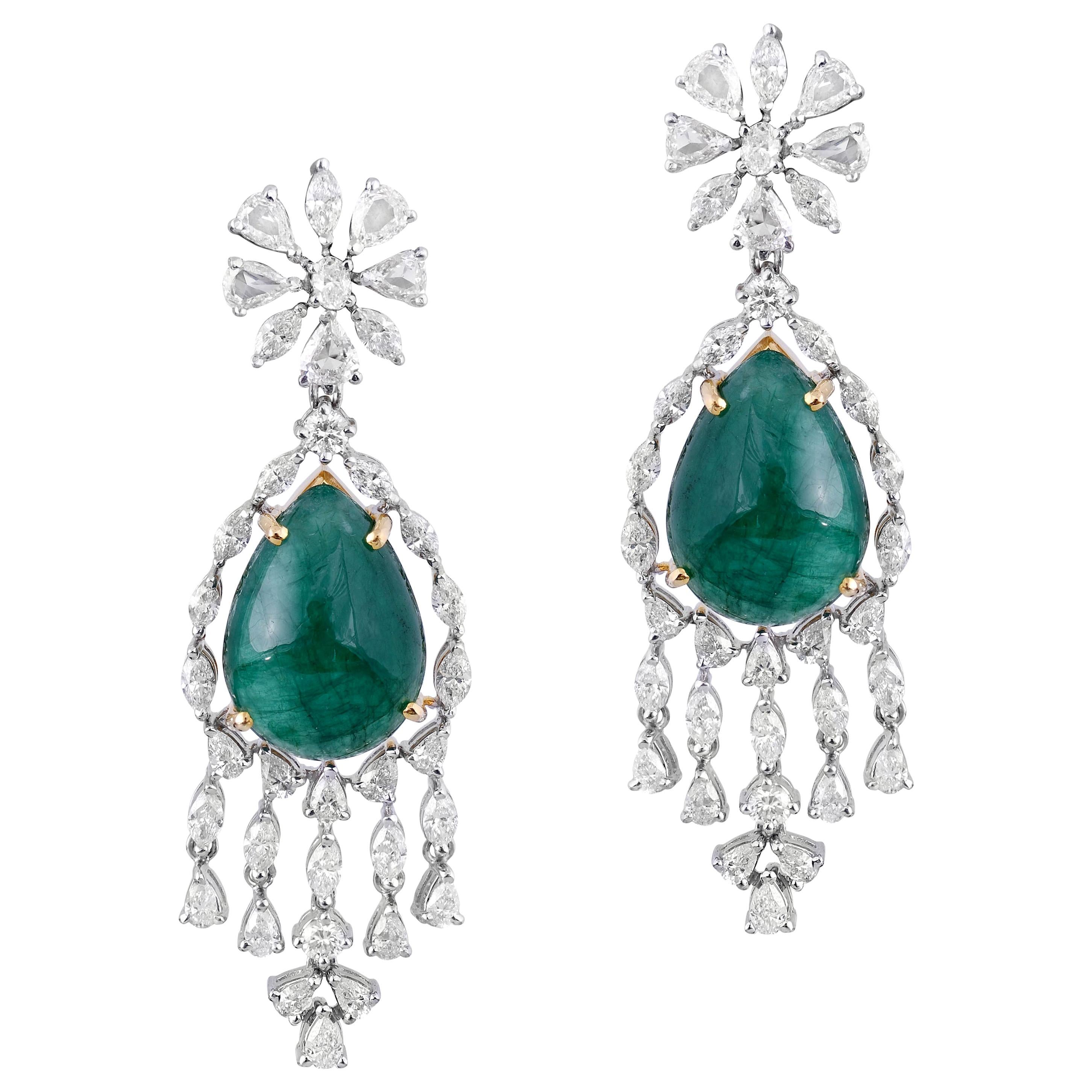  Cabochon Emerald Diamond Rose Cut Diamond Earrings