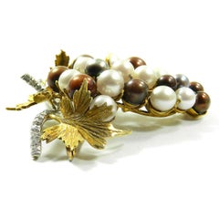 18 Karat Gold Pearl and Diamond Grape Brooch