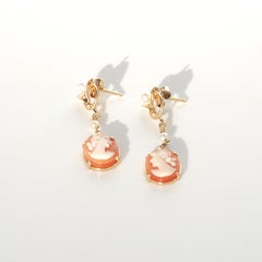 18K Gold, Pearl and Shell Cameo Dangling Earrings