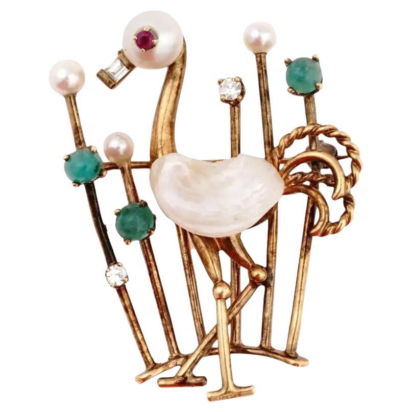 18K Gold Pearl Diamond Emerald Flamingo Brooch For Sale