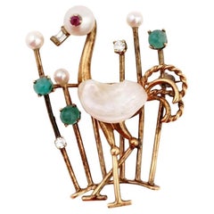Vintage 18K Gold Pearl Diamond Emerald Flamingo Brooch