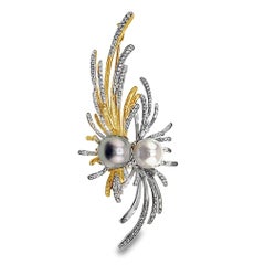18K Gold Pearl & Diamond Feather Brooch Pendant